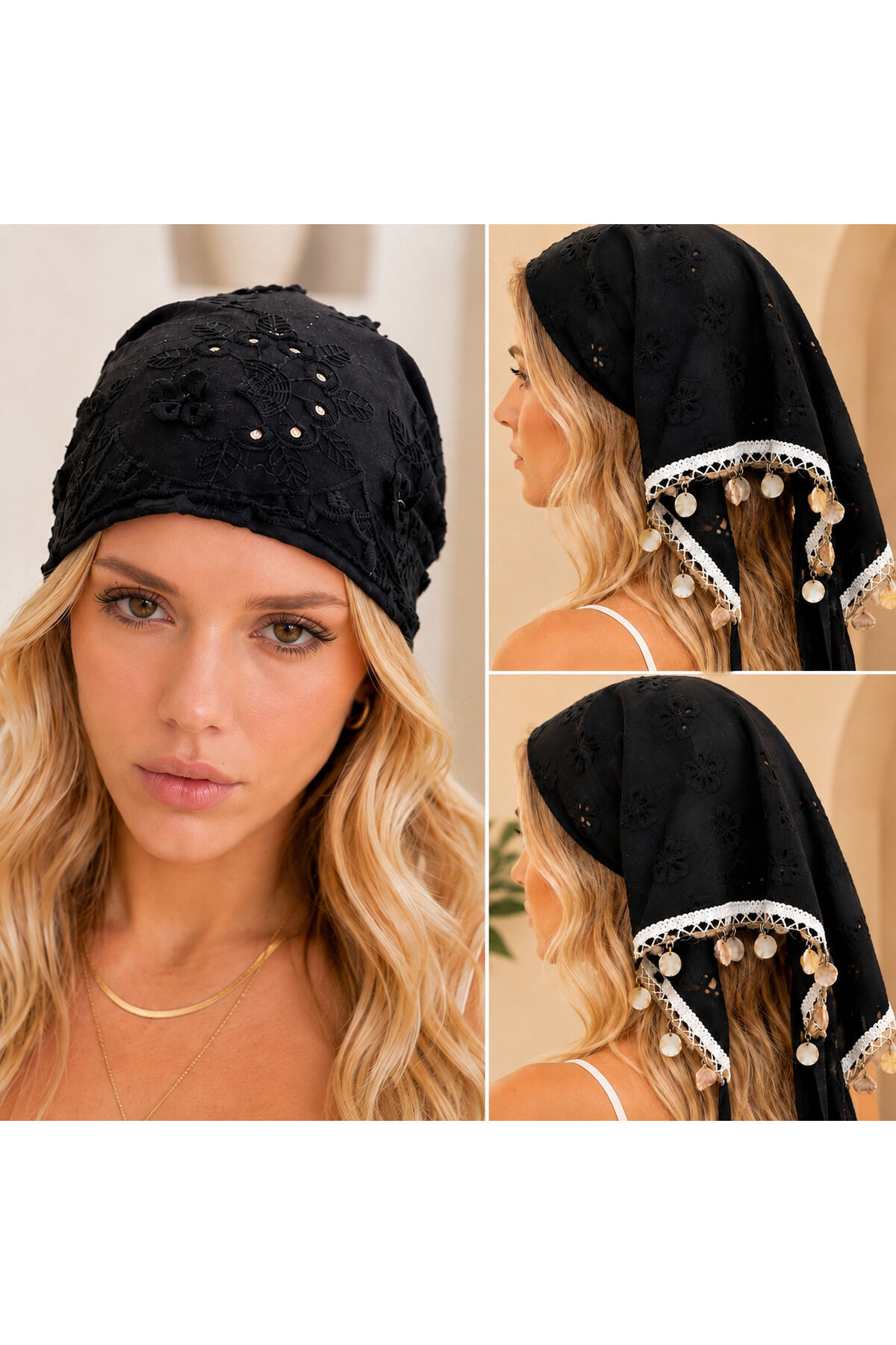 Çiçek İşlemeli Dokulu Bandana Eşarp | Uçları Sallantılı Deniz Kabuklu Dantel Detaylı Pamuklu Bohem Yazlık Saç Bandanası