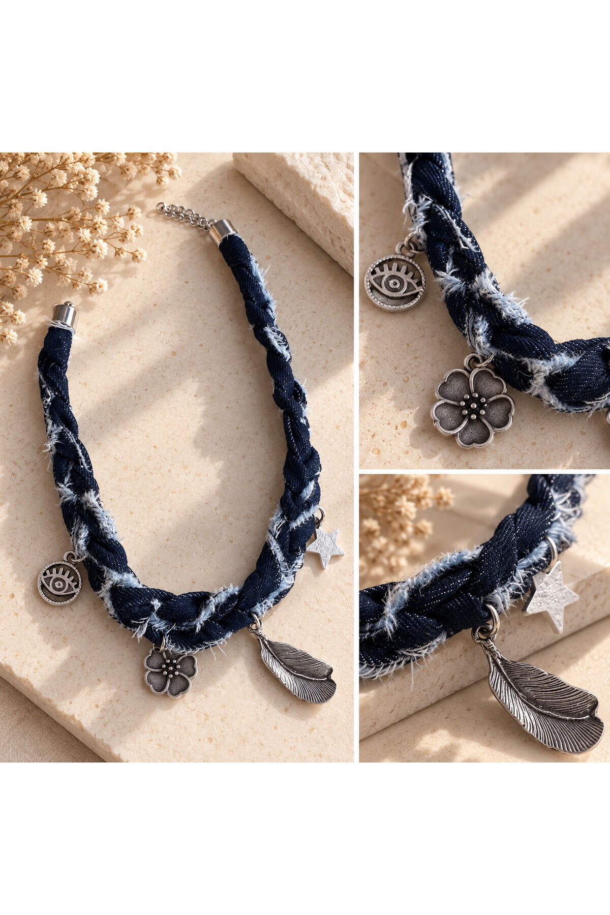 Kadın Kot Kumaş Choker Kolye Gümüş Renk Charm Detaylı Tasarım Kolye Yaprak Yıldız Çiçek Figürlü Boyun Kolyesi