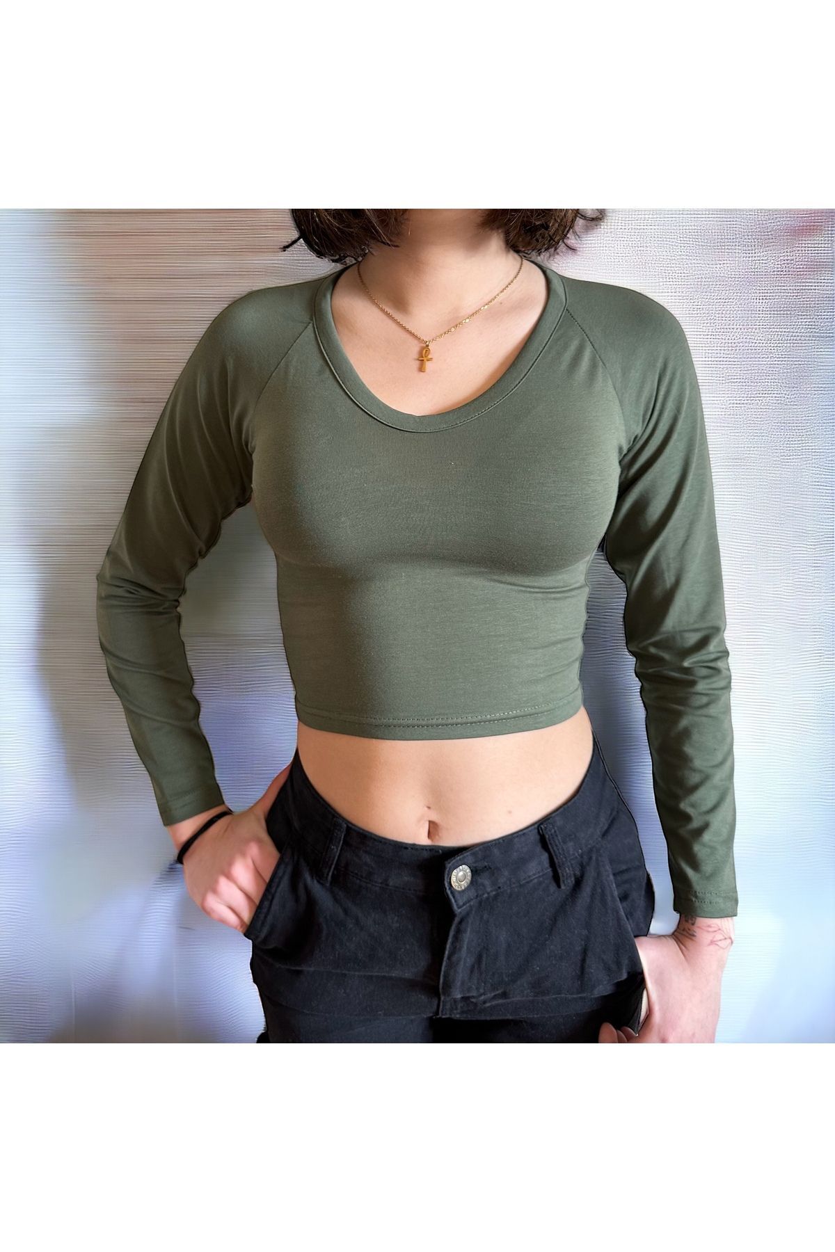 Derin yaka penye Crop Soft touch crop bele oturan crop
