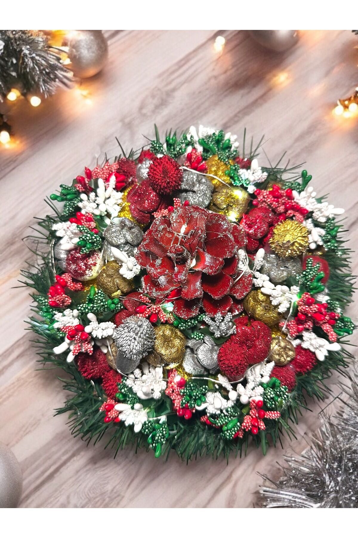 Yılbaşı Masa dekorasyonu Masa süsü Işıklı  el yapımı ışıklı Masa dekorasyonu Yılbaşı hediye 23 cm