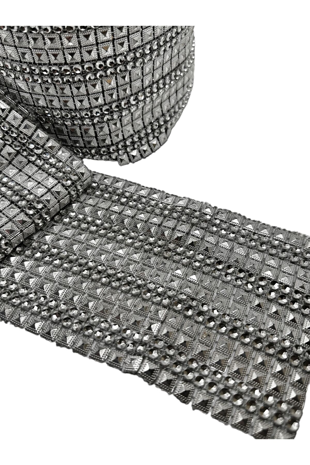 Dekoratif Şerit Taşlı Şerit Gümüş Çok taşlı 2 m 10 cm Parlak Enli Şerit