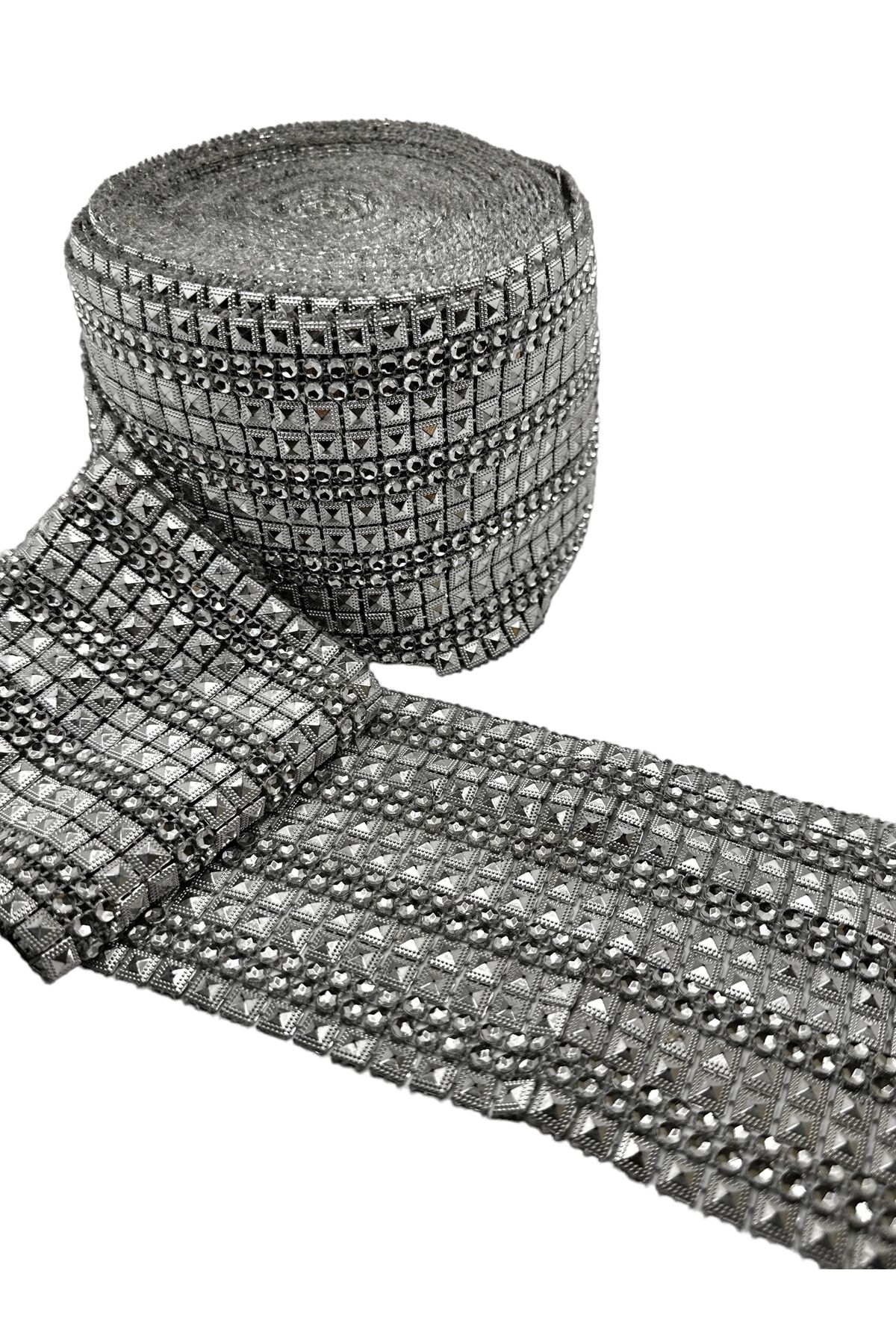 Dekoratif Şerit Taşlı Şerit Gümüş Çok taşlı 2 m 10 cm Parlak Enli Şerit