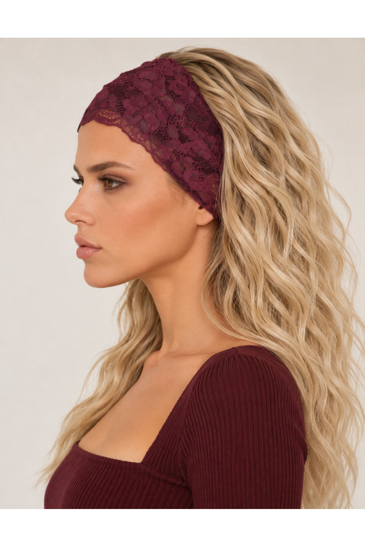 Bordo Dantel Saç Bandanası 16 cm Çiçek Desenli Şık Saç Bandı Kadın Saç Aksesuarı Bordo