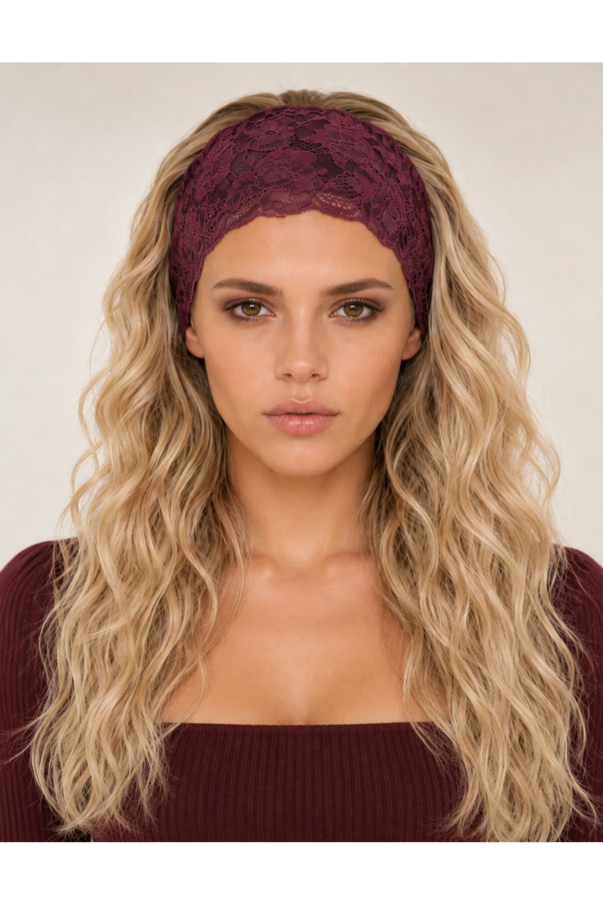 Bordo Dantel Saç Bandanası 16 cm Çiçek Desenli Şık Saç Bandı Kadın Saç Aksesuarı Bordo