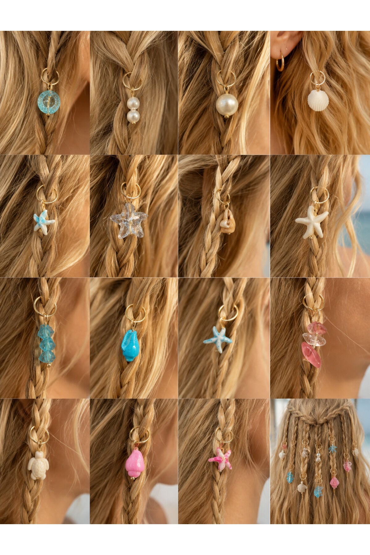 15 Adet Deniz Temalı Saç Küpesi Seti | İnci, Cam Boncuk, Deniz Yıldızı, Deniz Kabuğu, Kaplumbağa Hair Charm | Örgü Saç Aksesuarı, Bohem Festival Saç Takısı