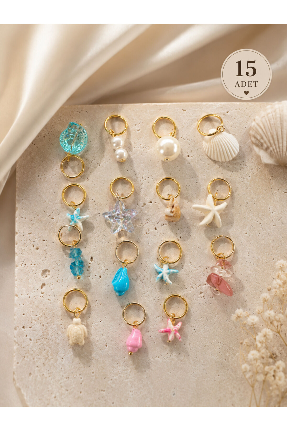 15 Adet Deniz Temalı Saç Küpesi Seti | İnci, Cam Boncuk, Deniz Yıldızı, Deniz Kabuğu, Kaplumbağa Hair Charm | Örgü Saç Aksesuarı, Bohem Festival Saç Takısı