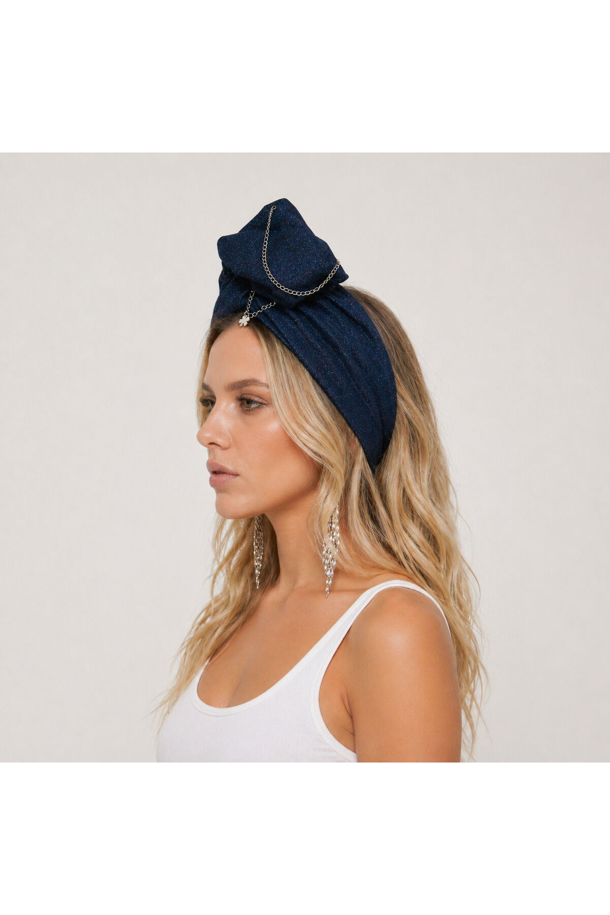 Kot Tasarım Zincir Detaylı Telli Bandana Kot Telli Saç Bandı Lacivert-zincir