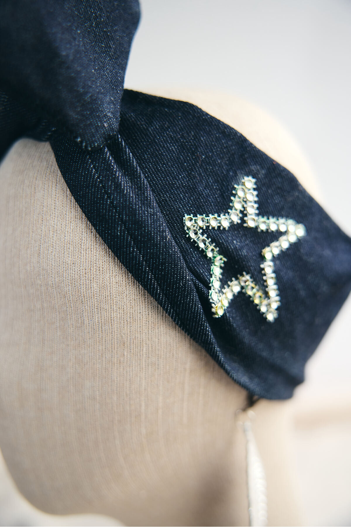 Kot Tasarım Zincir Detaylı Telli Bandana Kot Telli Saç Bandı Lacivert-yıldız
