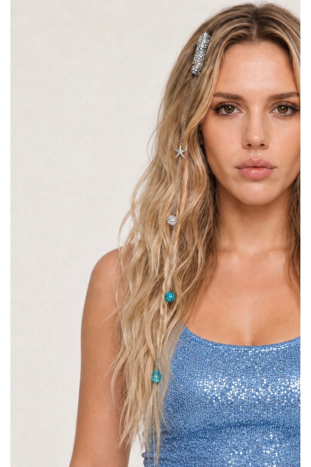 Deniz Yıldızı Saç ipi Charmı, Bohem Saç Takısı, Zincirli Taşlı Saç Aksesuarı, Festival Saç Süsü, Yazlık Boho Hair Charm