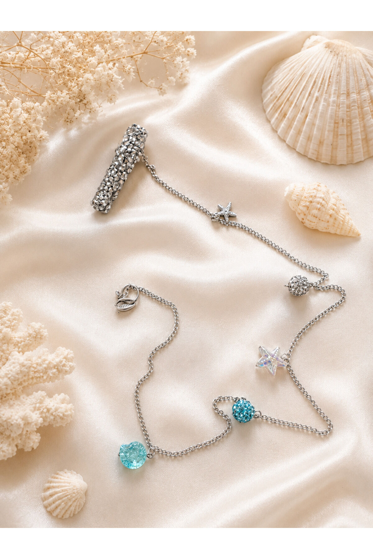 Deniz Yıldızı Saç ipi Charmı, Bohem Saç Takısı, Zincirli Taşlı Saç Aksesuarı, Festival Saç Süsü, Yazlık Boho Hair Charm