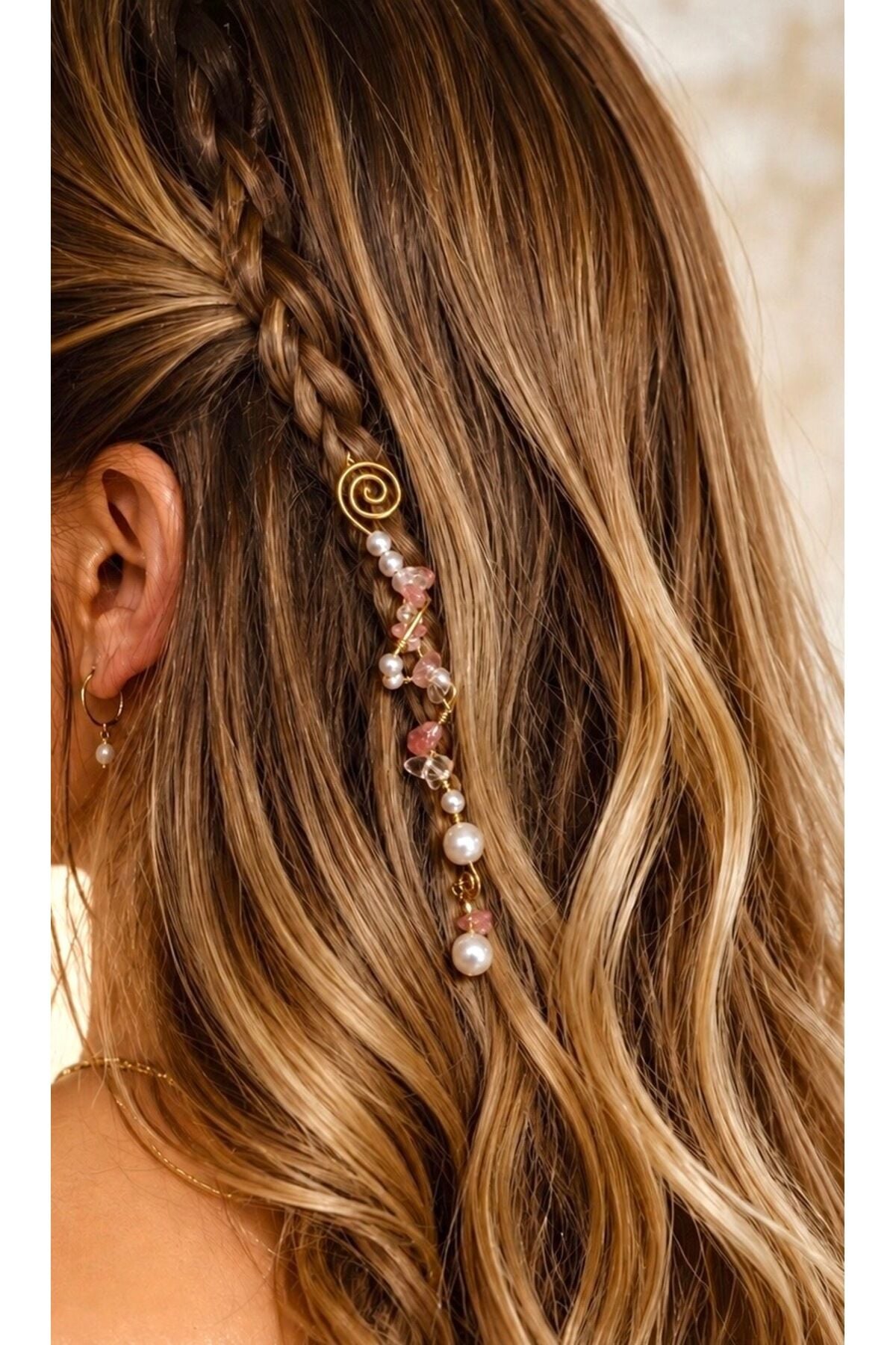 Saç Tinseli Doğal Taşlı İnci Detaylı El Yapımı Saç Aksesuarı Bohem Festival Saç Süsü Hair Tinsel Fairy Hair