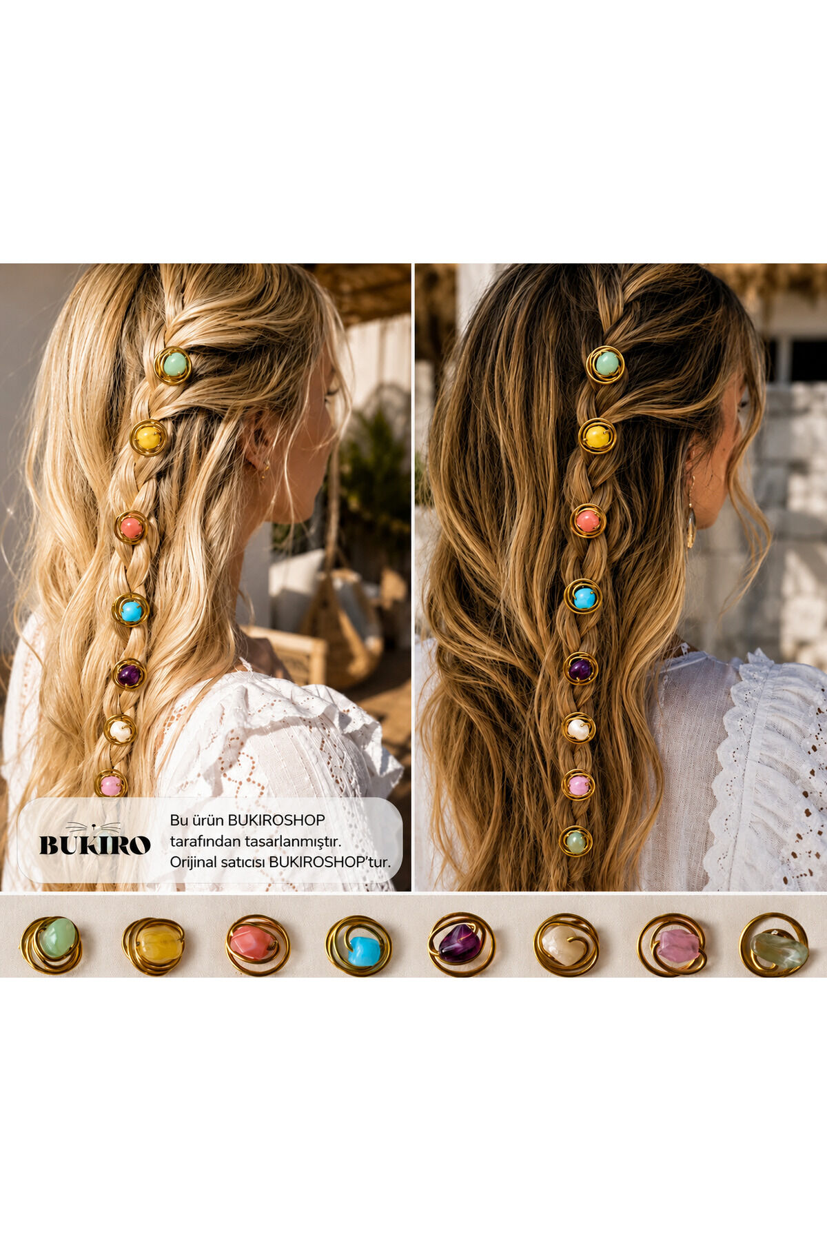 Telli Saç Küpesi Hair Cuff Renkli Taşlı Saç Küpesi Bohem Örgü Saç Aksesuarı El Yapımı Saç Takısı Hair Jewelry 8 adet