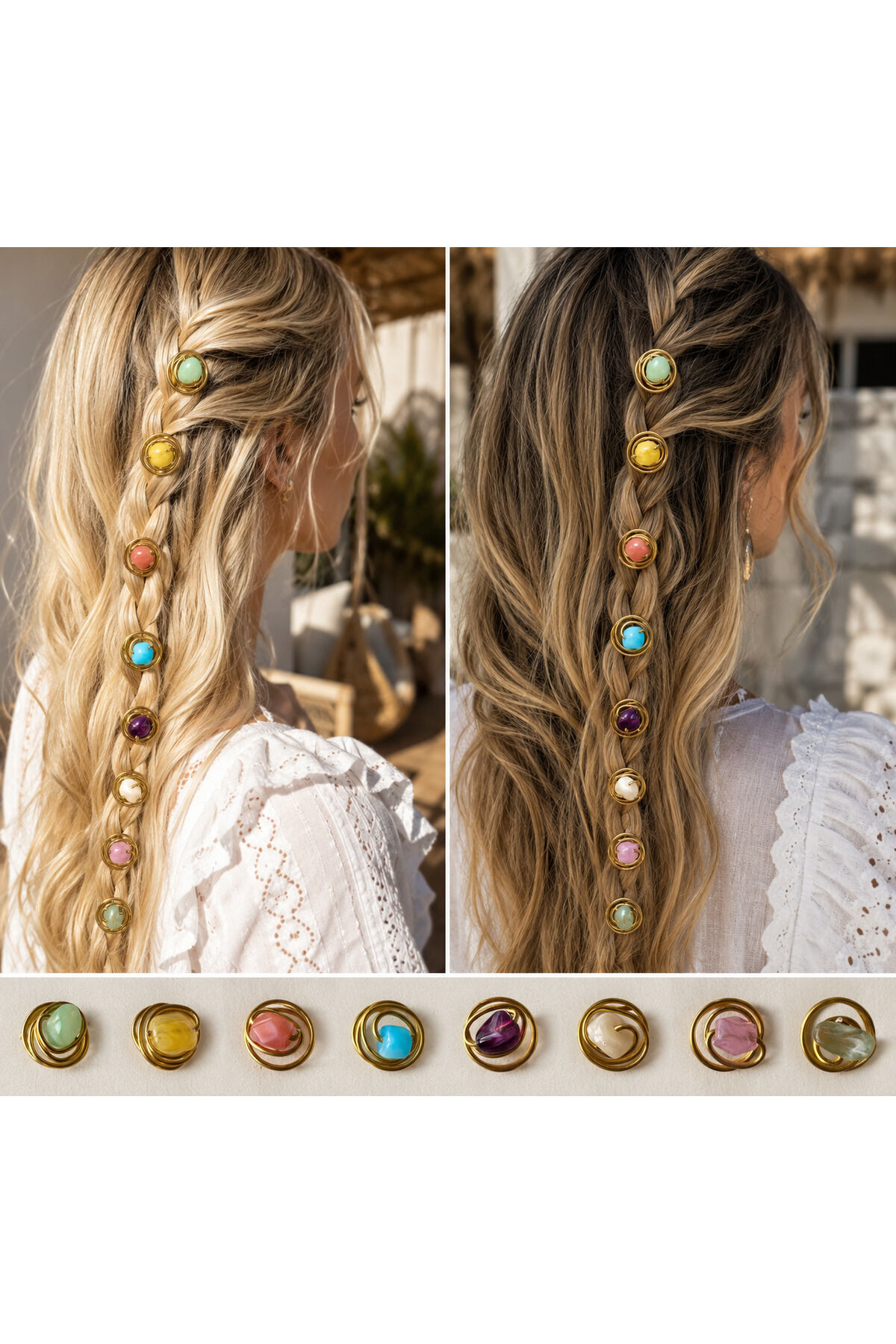 Telli Saç Küpesi Hair Cuff Renkli Taşlı Saç Küpesi Bohem Örgü Saç Aksesuarı El Yapımı Saç Takısı Hair Jewelry 8 adet