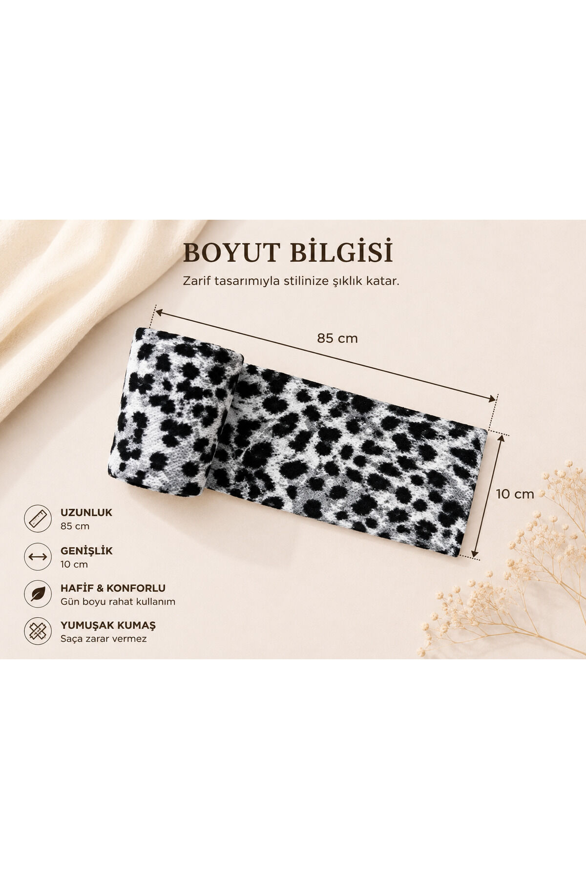 Telli Ayarlanabilir Leopar Desenli Kadın Saç Bandı Fiyon Bandana Bohem Premium Taç Günlük Plaj Tatil Saç Aksesuarı Siyah beyaz leopar