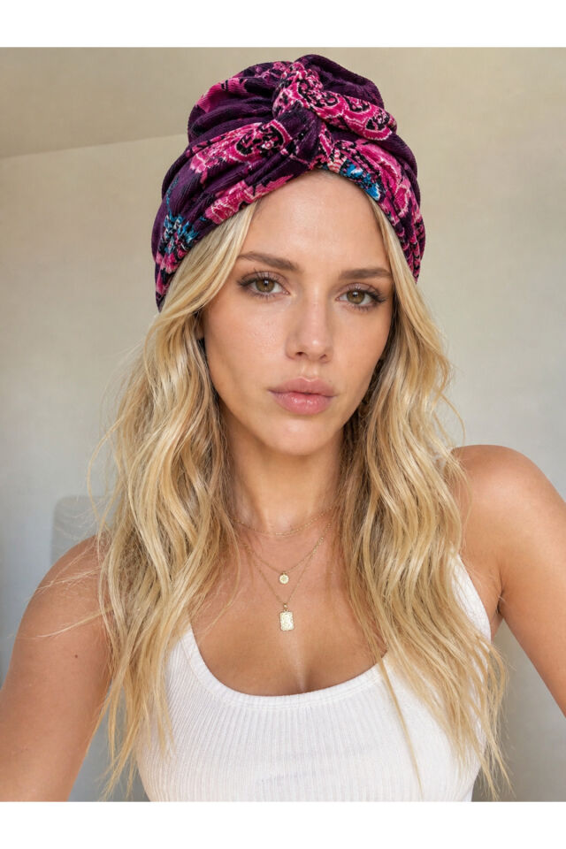 Telli Bandana ozel seri keten telli bandana etnik desenli saç bandı Mor pembe cıcek