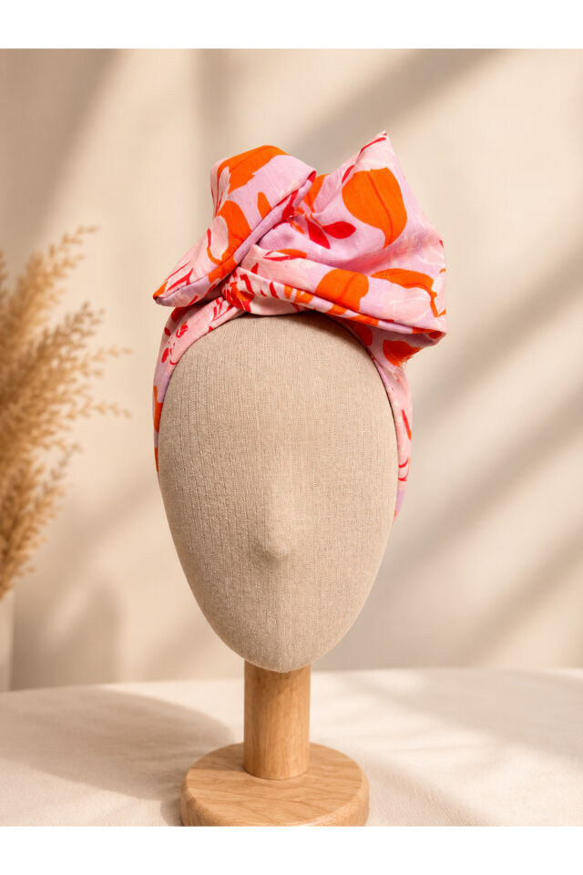Telli Bandana ozel seri keten telli bandana etnik desenli saç bandı Turuncu pembe cıcek