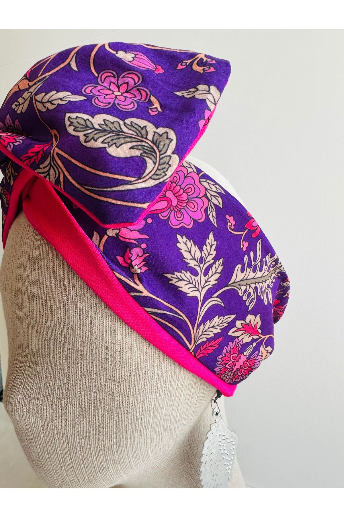 Çift Taraflı Telli Bandana Çiçekli telli bandana Telli saç bandı Mor çiçekli