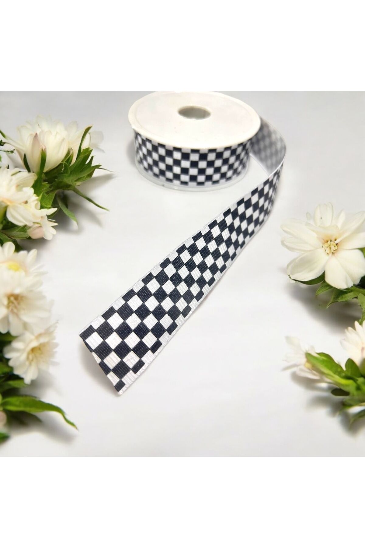 Dama Desen/ekose Siyah Beyaz Kurdele dama desenli grogren kurdele (3cm Genişlik - 2 metre)
