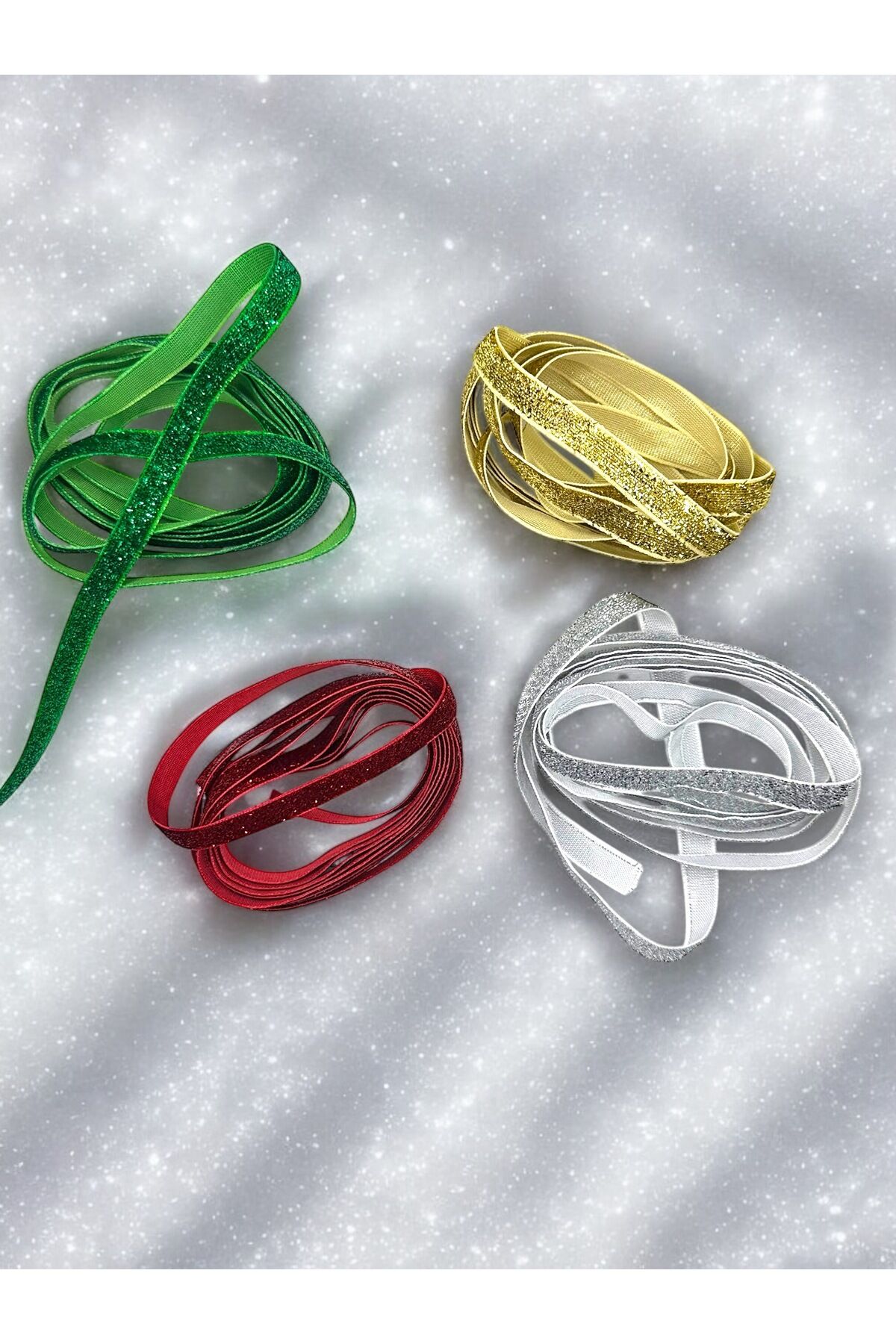 Simli Kadife Kurdele Parlak Kurdele Simli Kurdele 1 Cm 2 Metre 4 lü set paketleme kurdelesi yılbaşı