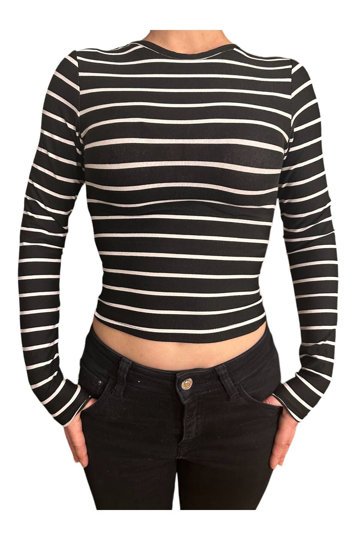 Bisiklet Yaka Basic Uzun Kollu vücudu saran fitted body yumuşak kumaş soft touch bluz çizgili siyah - L