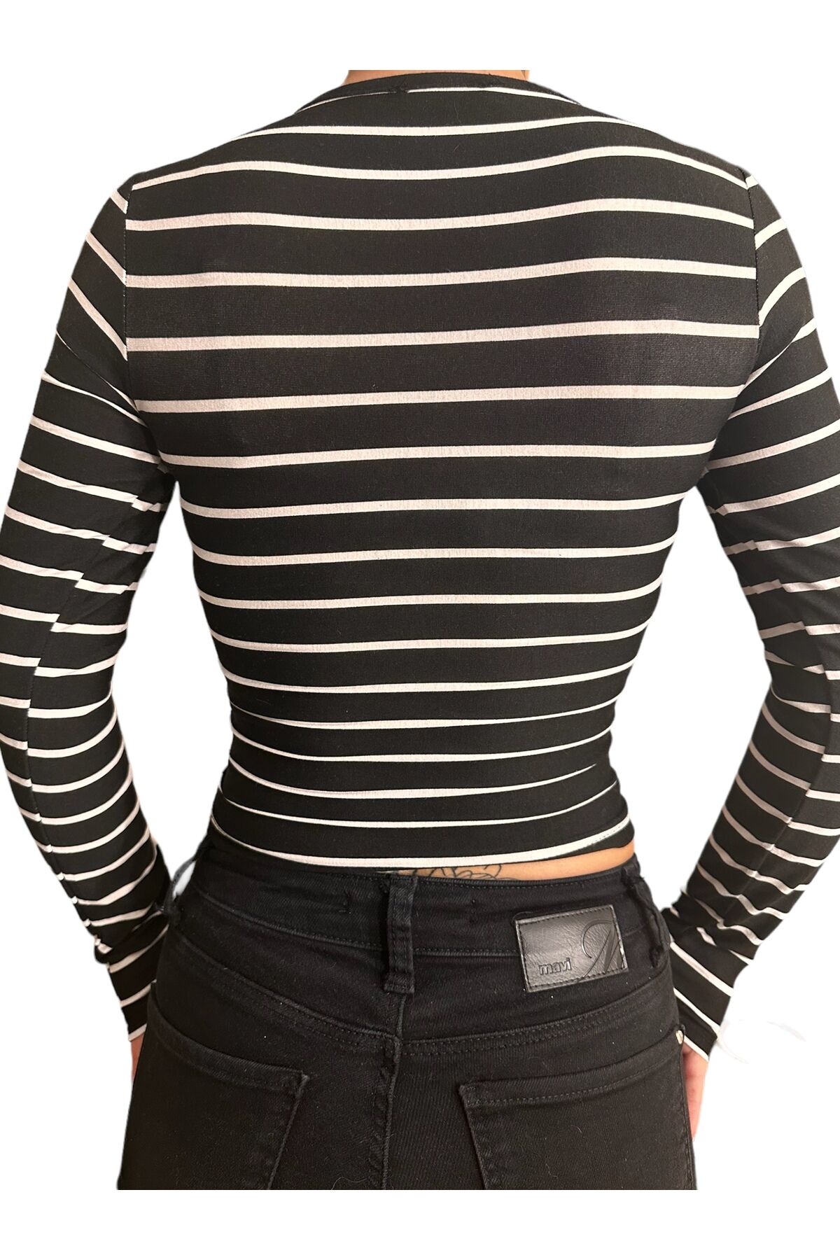 Bisiklet Yaka Basic Uzun Kollu vücudu saran fitted body yumuşak kumaş soft touch bluz çizgili siyah - XS