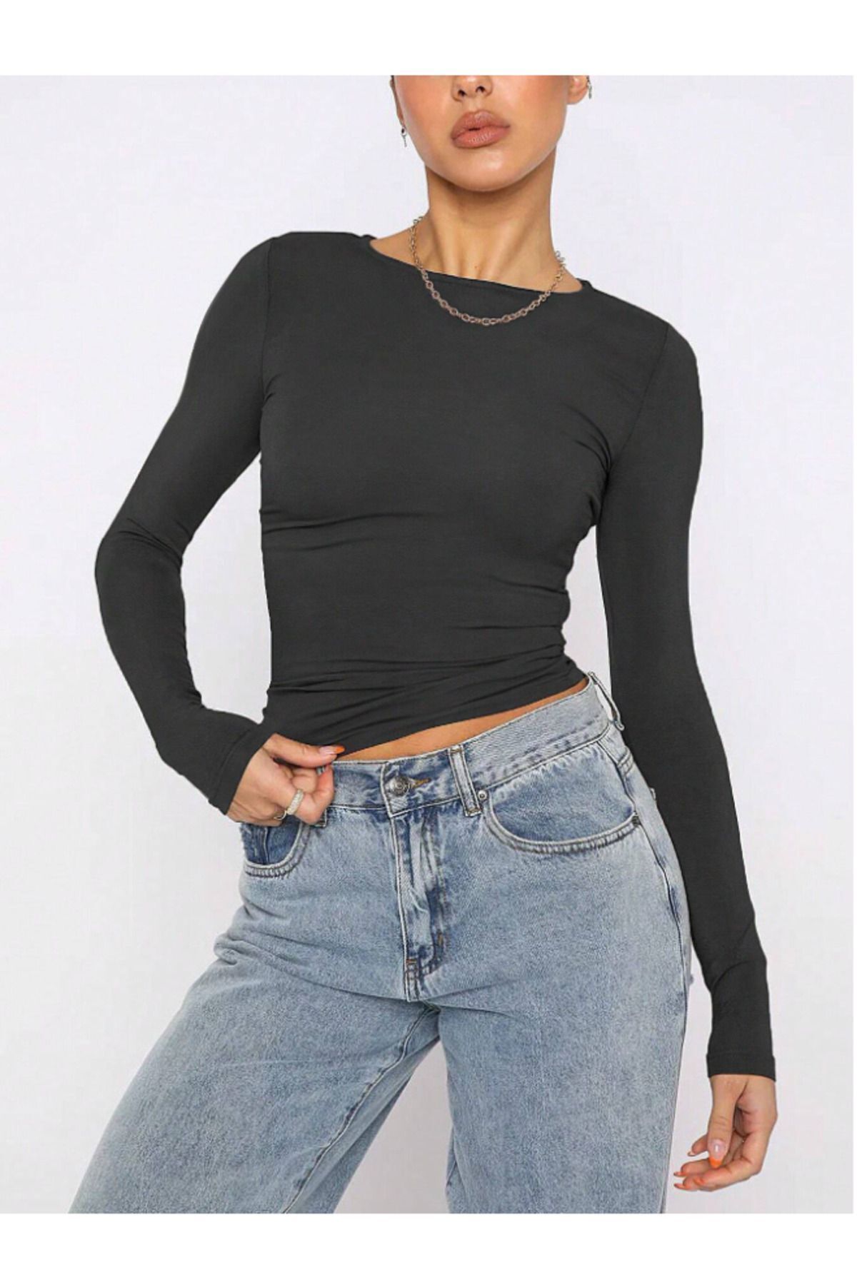 Bisiklet Yaka Basic Uzun Kollu vücudu saran fitted body yumuşak kumaş soft touch bluz koyu füme - M