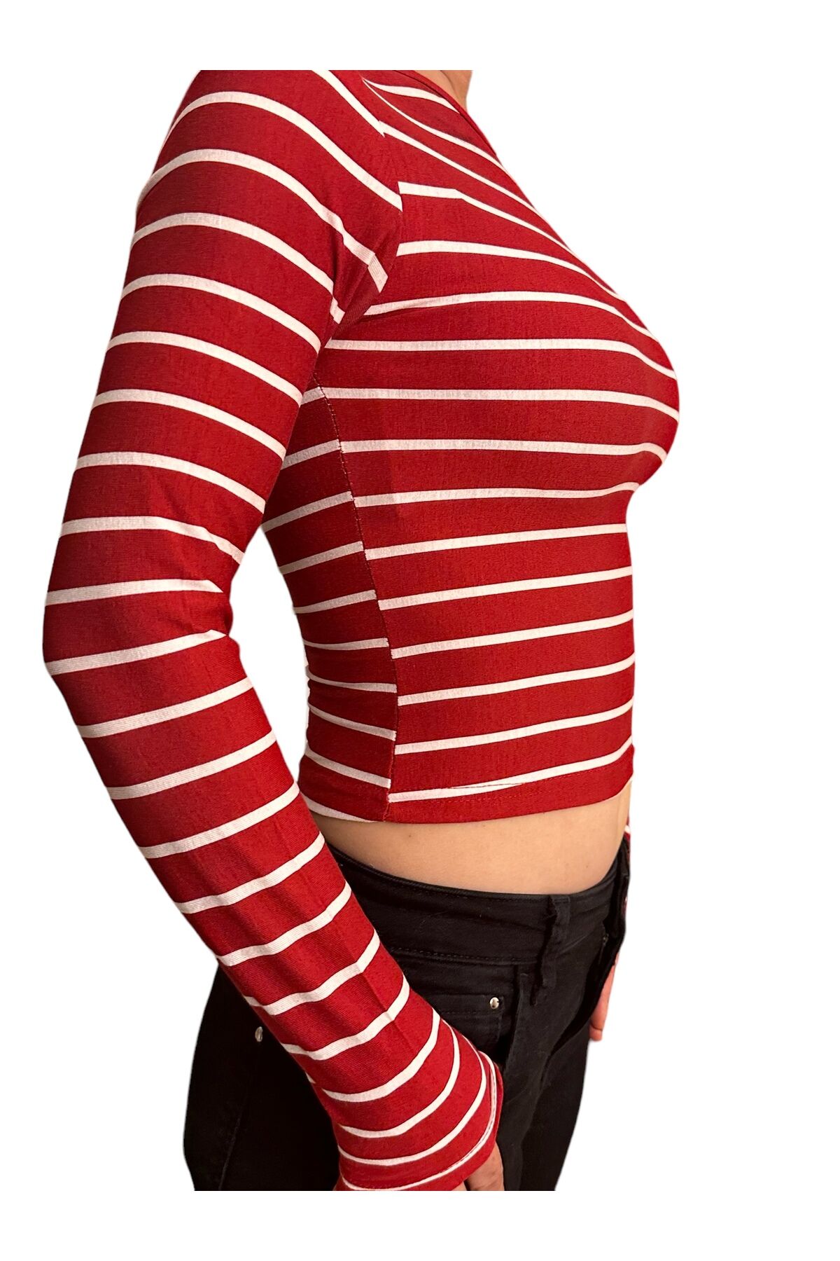 Bisiklet Yaka Basic Uzun Kollu vücudu saran fitted body yumuşak kumaş soft touch bluz çizgili kırmızı - L