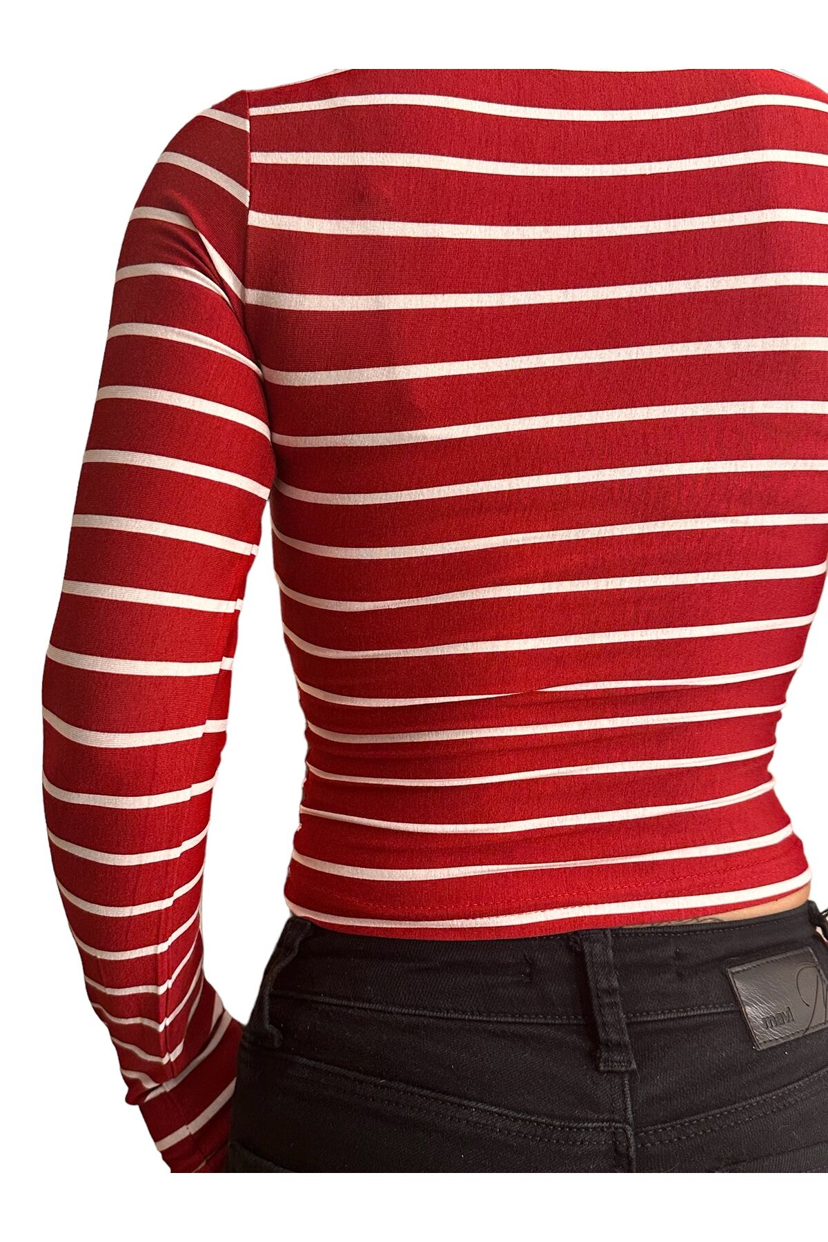 Bisiklet Yaka Basic Uzun Kollu vücudu saran fitted body yumuşak kumaş soft touch bluz çizgili kırmızı - L