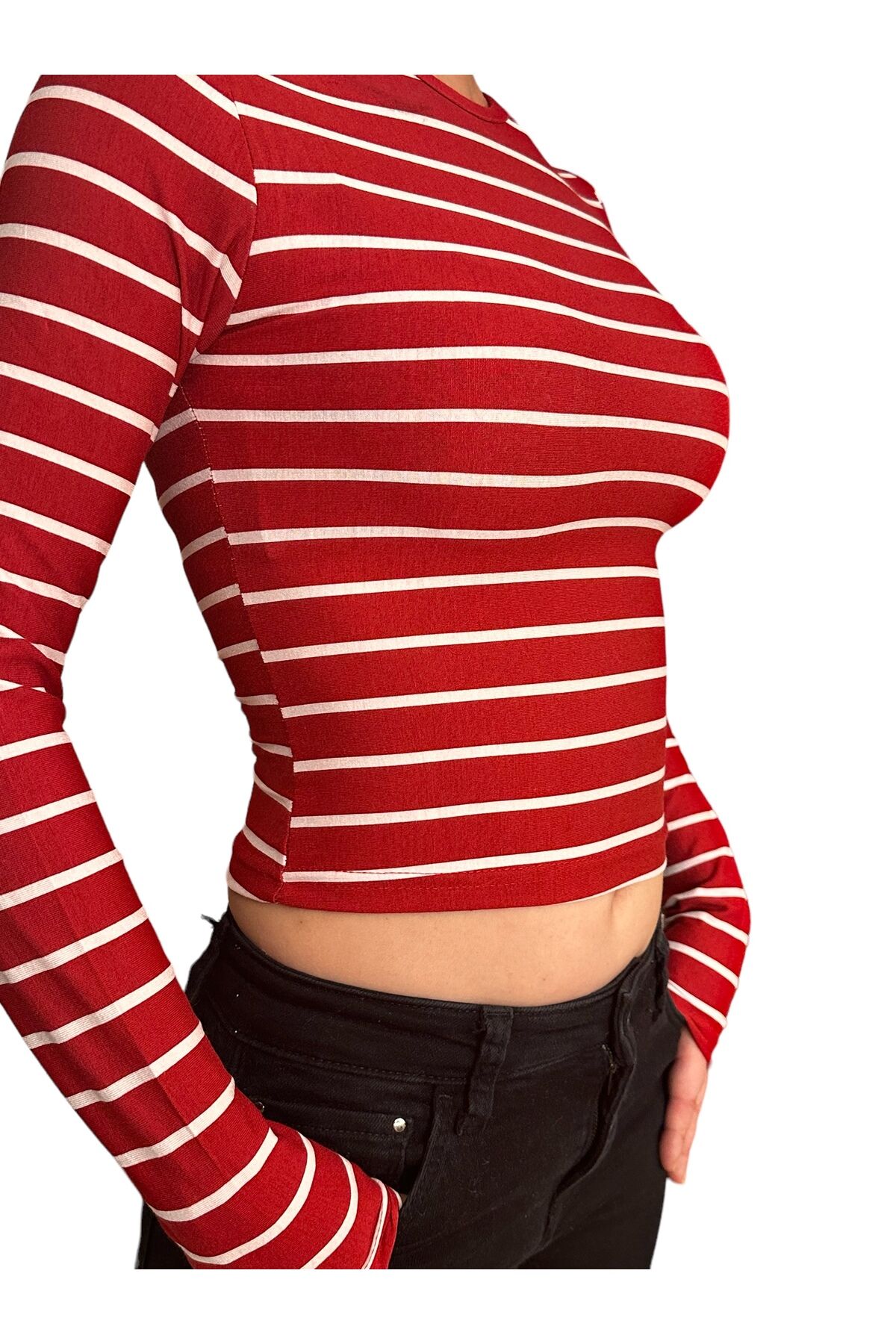 Bisiklet Yaka Basic Uzun Kollu vücudu saran fitted body yumuşak kumaş soft touch bluz çizgili kırmızı - M