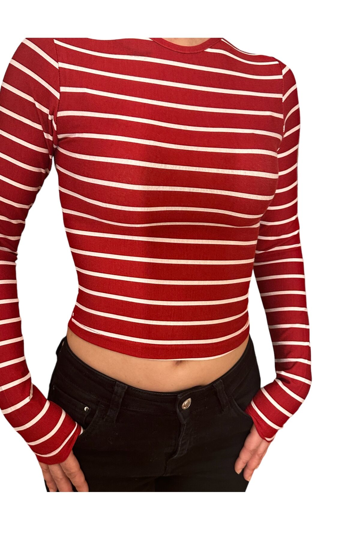Bisiklet Yaka Basic Uzun Kollu vücudu saran fitted body yumuşak kumaş soft touch bluz çizgili kırmızı - XS