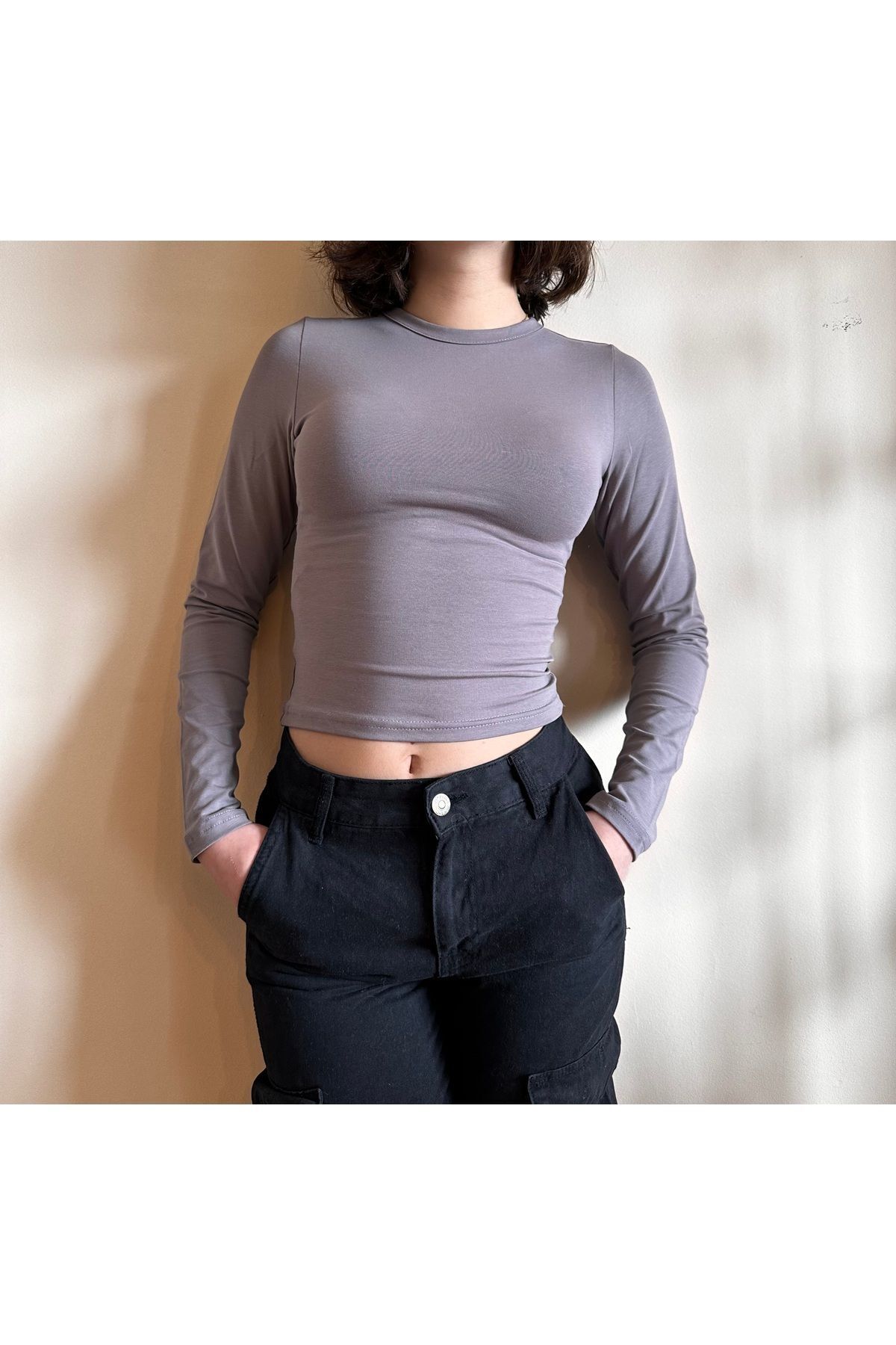 Bisiklet Yaka Basic Uzun Kollu vücudu saran fitted body yumuşak kumaş soft touch bluz vizon - S