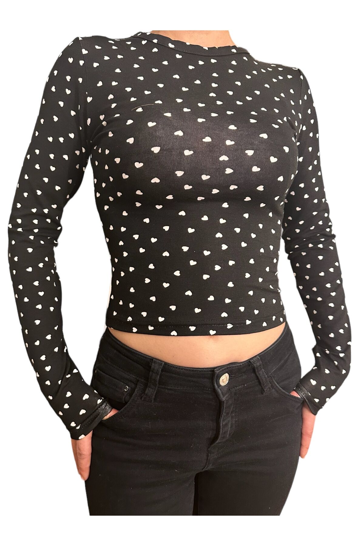 Bisiklet Yaka Basic Uzun Kollu vücudu saran fitted body yumuşak kumaş soft touch bluz kalpli - M