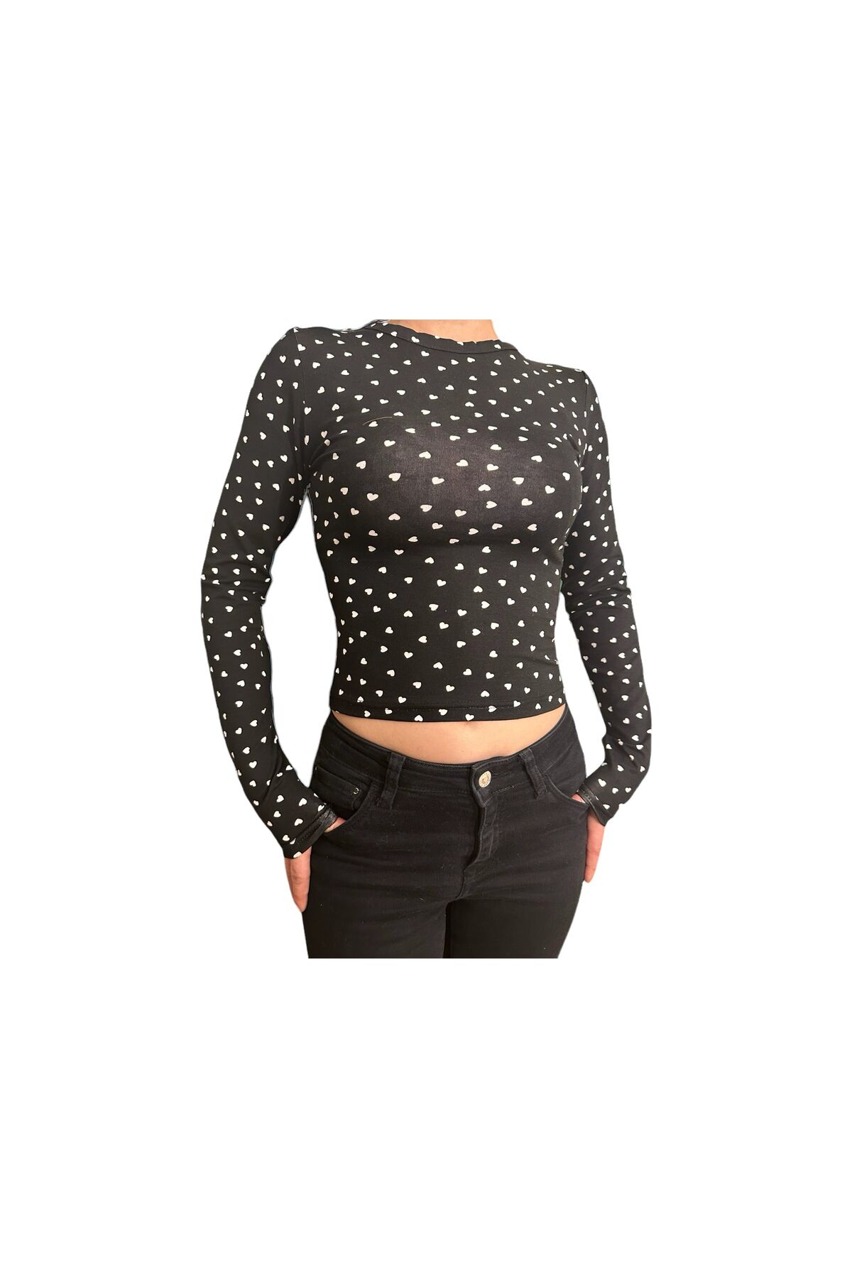 Bisiklet Yaka Basic Uzun Kollu vücudu saran fitted body yumuşak kumaş soft touch bluz kalpli - L