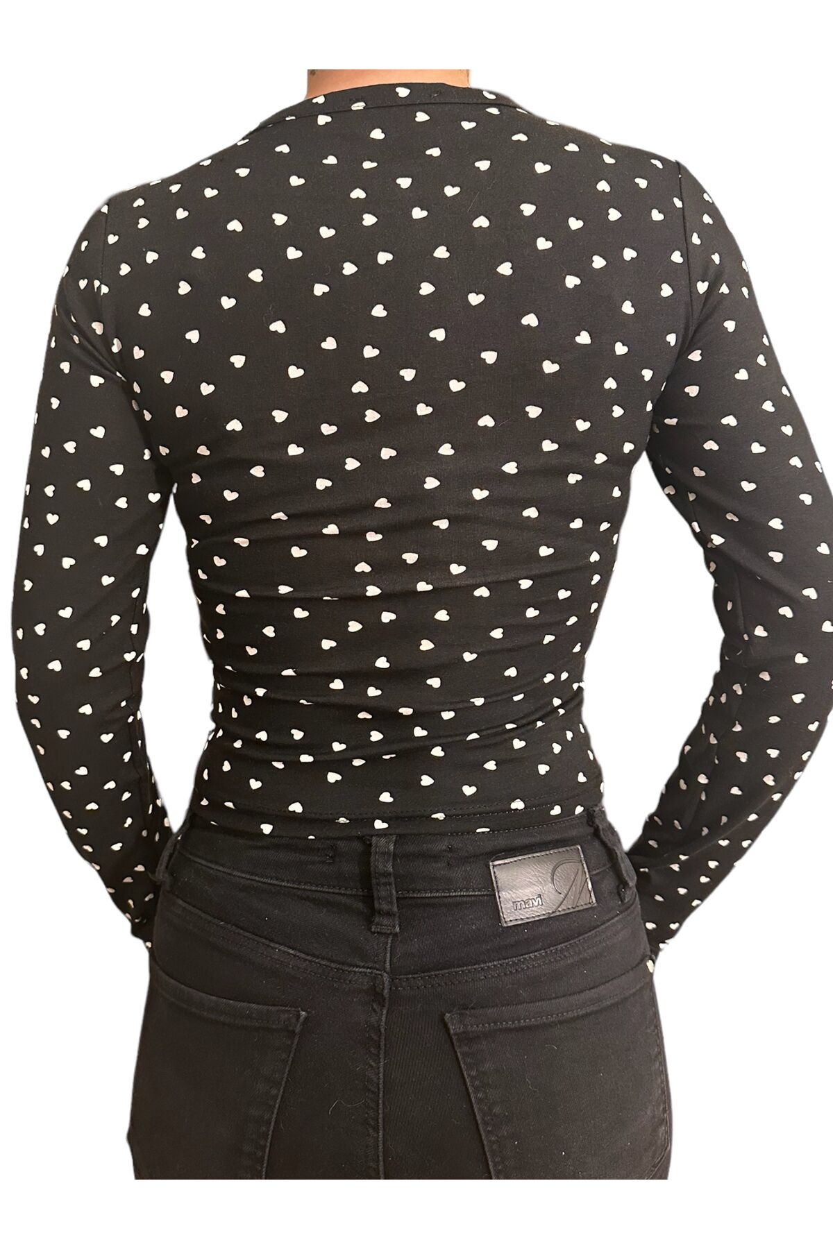 Bisiklet Yaka Basic Uzun Kollu vücudu saran fitted body yumuşak kumaş soft touch bluz kalpli - XS