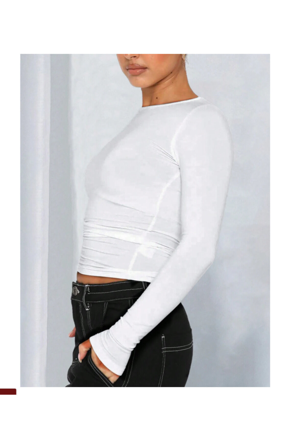 Bisiklet Yaka Basic Uzun Kollu vücudu saran fitted body yumuşak kumaş soft touch bluz beyaz - L