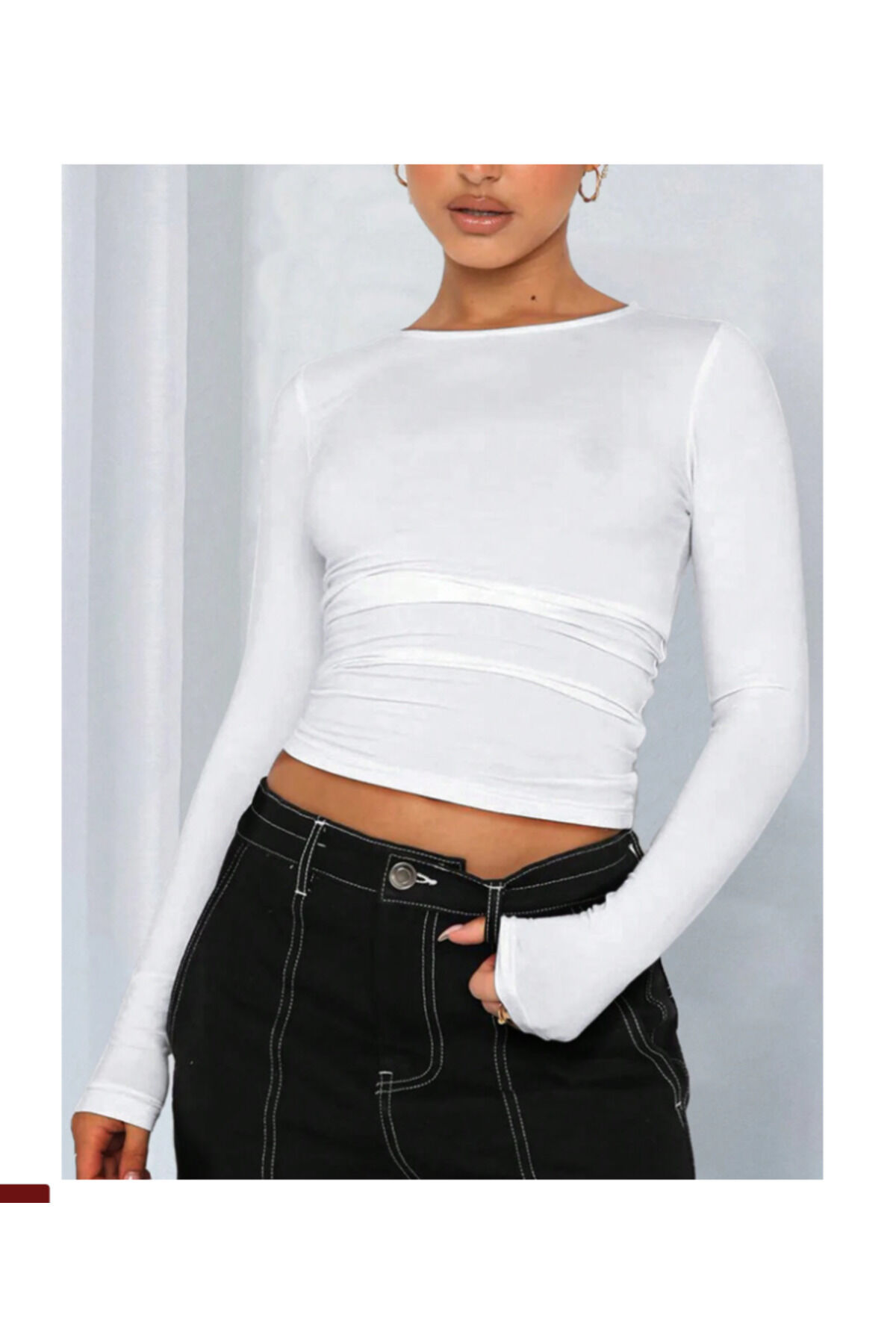 Bisiklet Yaka Basic Uzun Kollu vücudu saran fitted body yumuşak kumaş soft touch bluz beyaz - M
