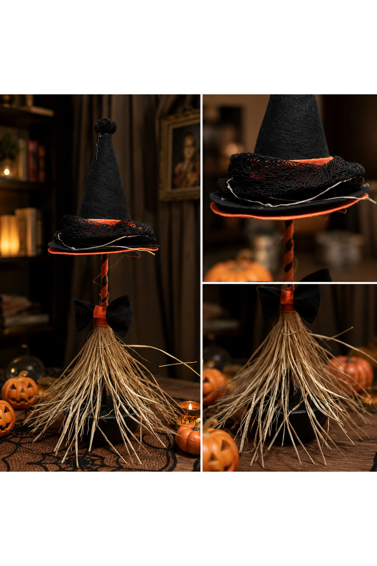 LED’li Masa Süsü Halloween Cadı Şapkası Gece Lambası | Işıklı Cadı Süpürgesi | Cadılar Bayramı Dekoru