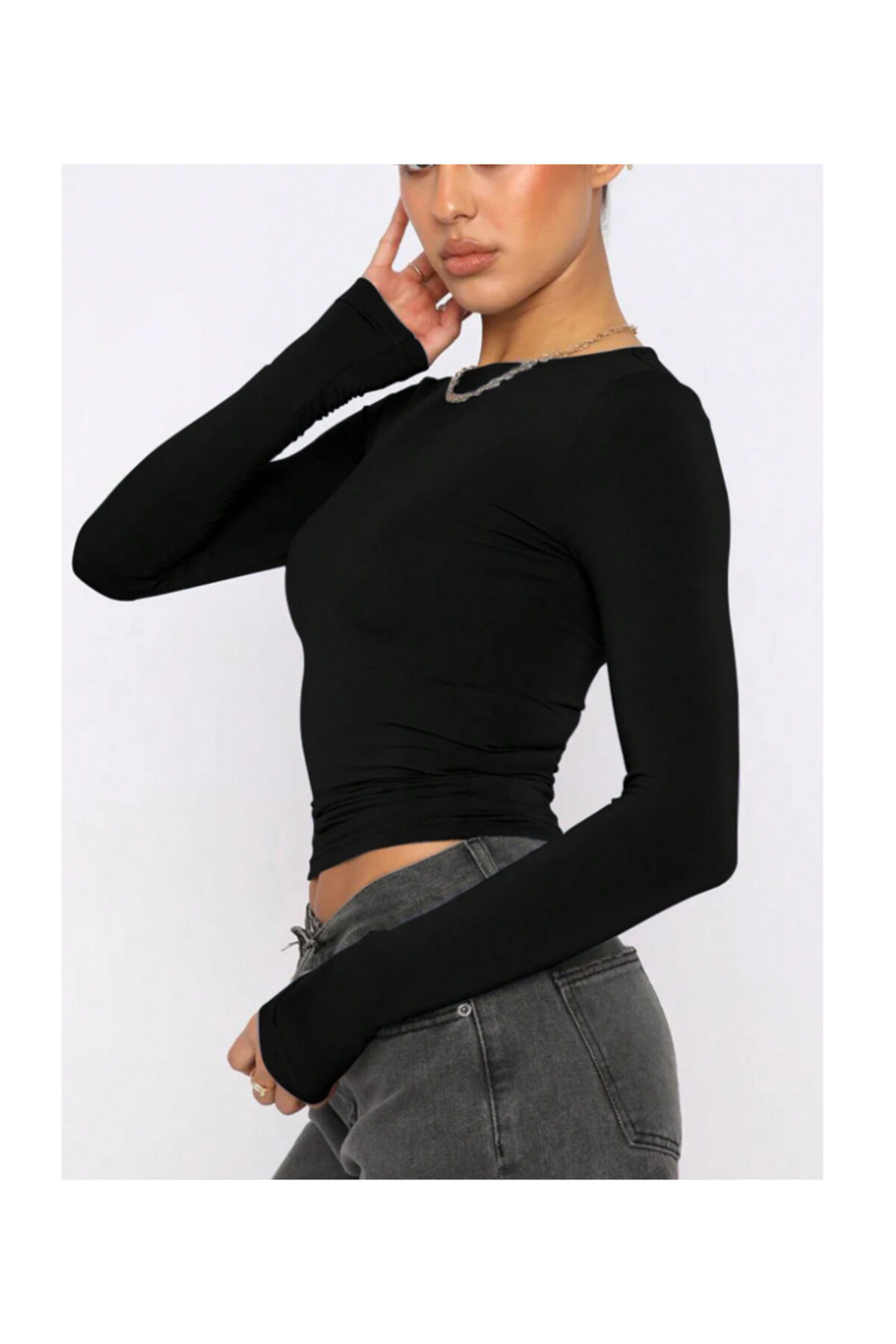 Bisiklet Yaka Basic Uzun Kollu vücudu saran fitted body yumuşak kumaş soft touch bluz siyah - XS