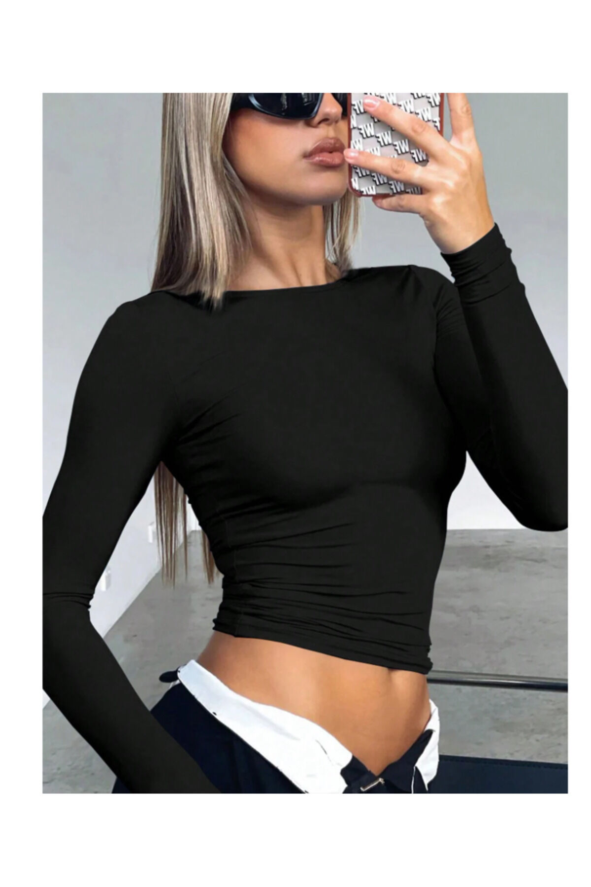 Bisiklet Yaka Basic Uzun Kollu vücudu saran fitted body yumuşak kumaş soft touch bluz siyah - XS