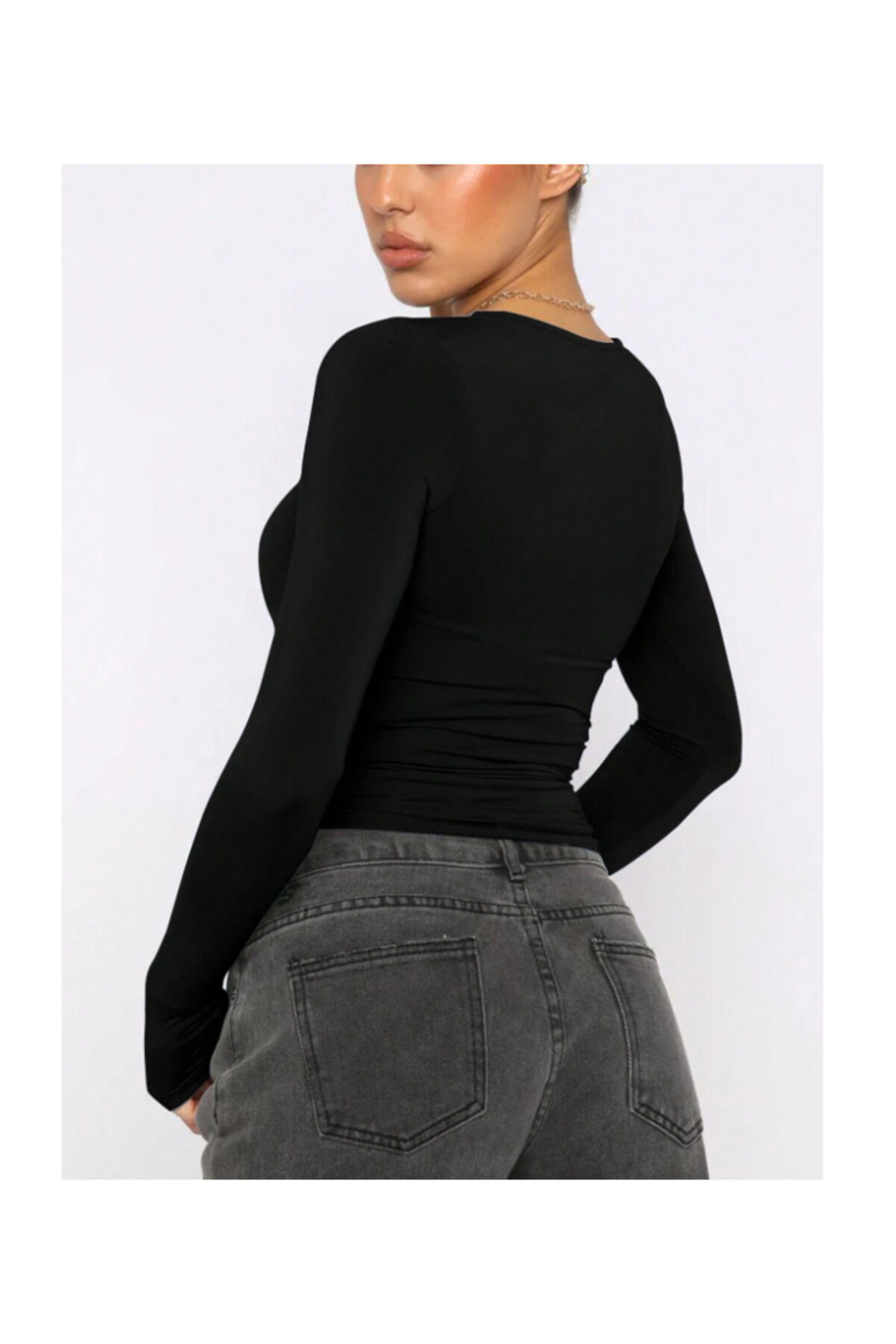 Bisiklet Yaka Basic Uzun Kollu vücudu saran fitted body yumuşak kumaş soft touch bluz siyah - L