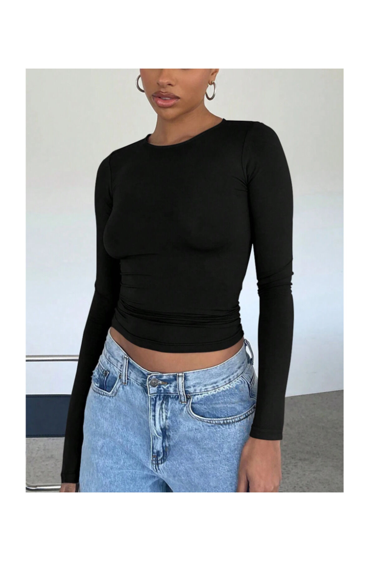 Bisiklet Yaka Basic Uzun Kollu vücudu saran fitted body yumuşak kumaş soft touch bluz siyah - S