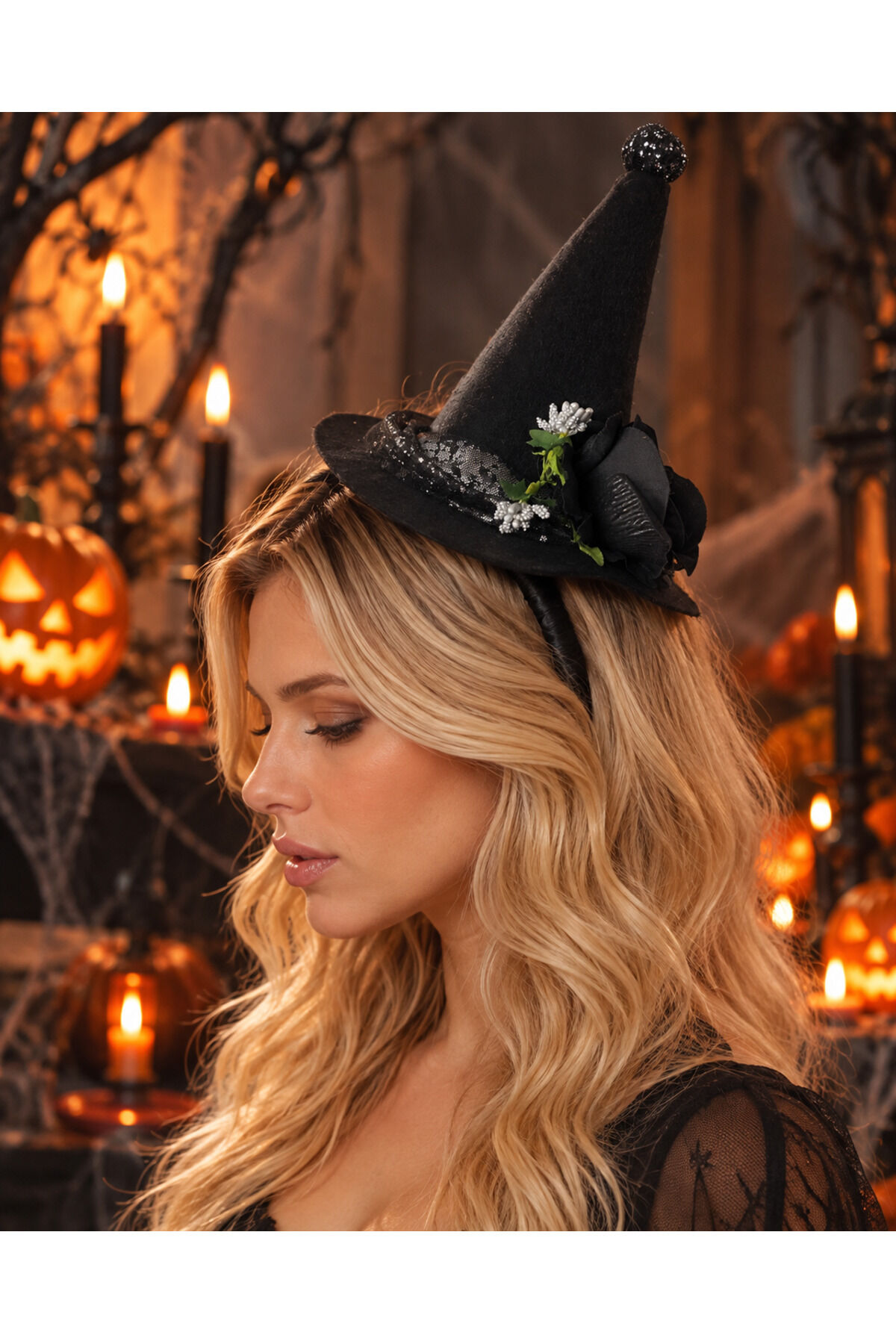 Cadılar Bayramı Cadı Şapkası Taç Siyah Gül Dantel Simli Detaylı Halloween Kostüm Tacı Çocuk Parti Aksesuarı 30 cm