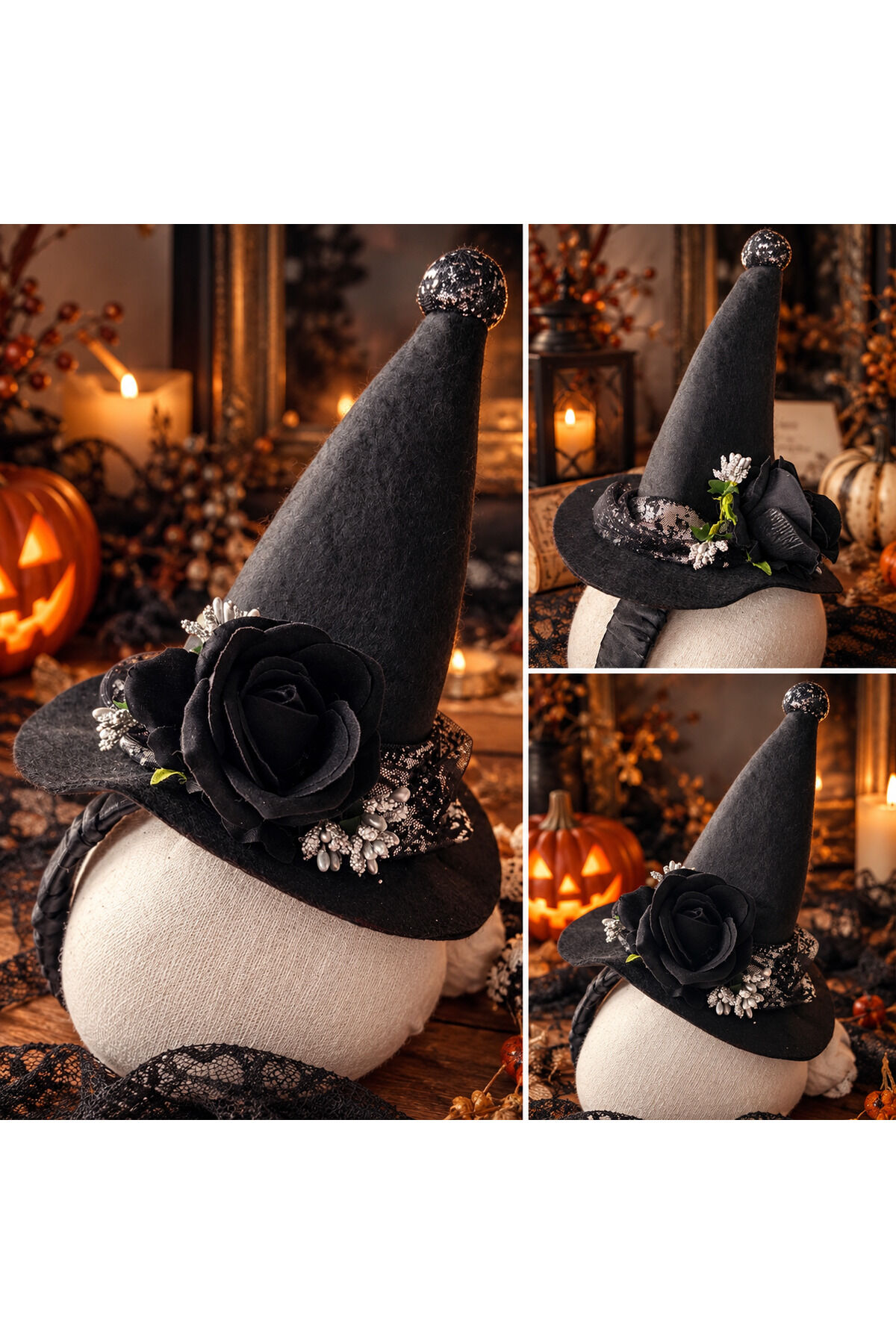Cadılar Bayramı Cadı Şapkası Taç Siyah Gül Dantel Simli Detaylı Halloween Kostüm Tacı Çocuk Parti Aksesuarı 30 cm