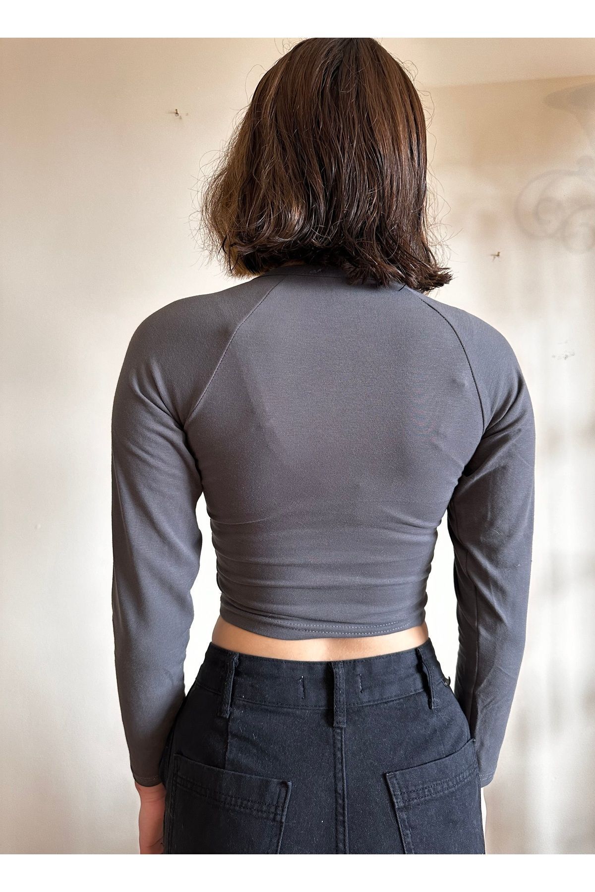 Derin yaka penye Crop Soft touch crop bele oturan crop koyu füme - S