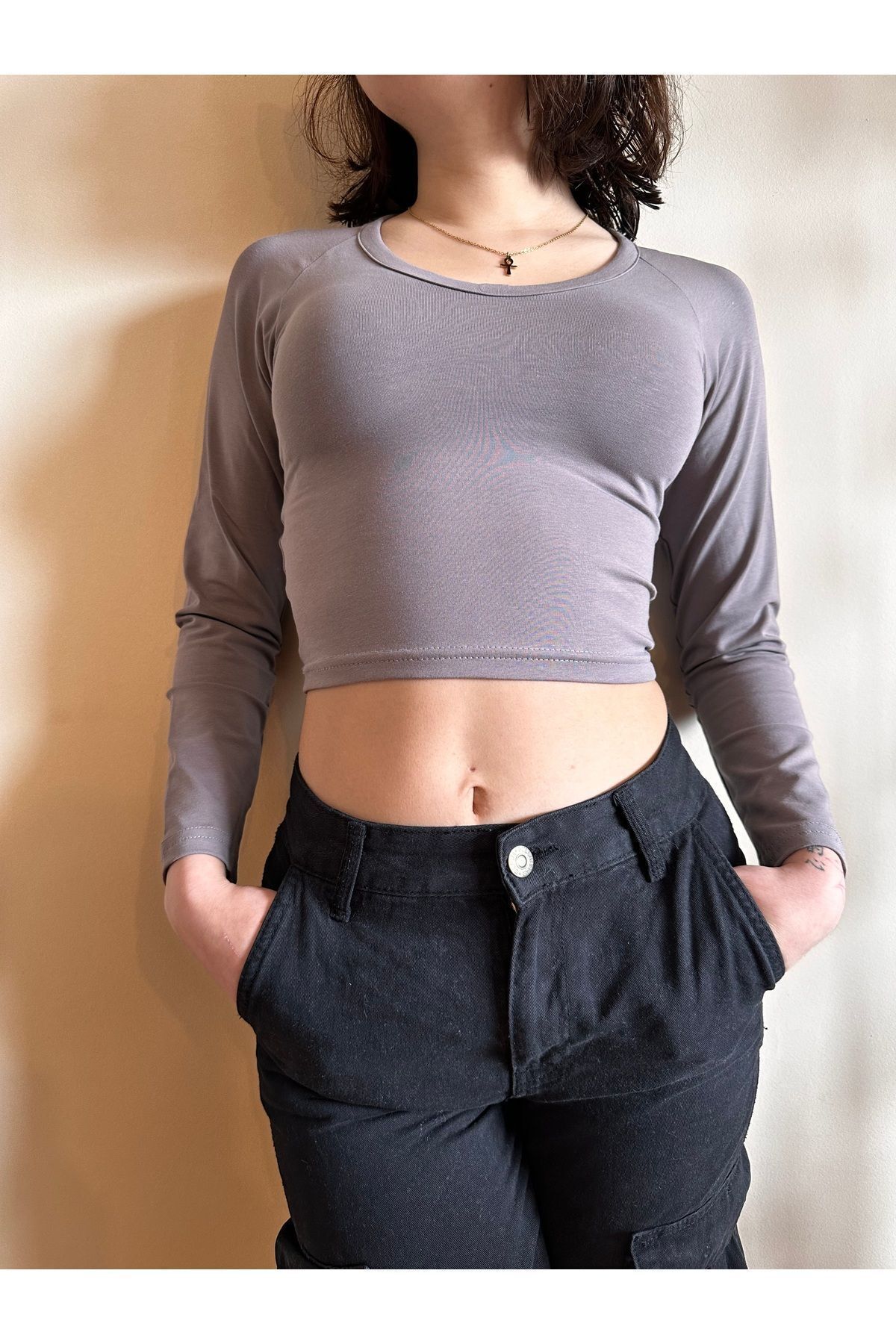 Derin yaka penye Crop Soft touch crop bele oturan crop vizon - M