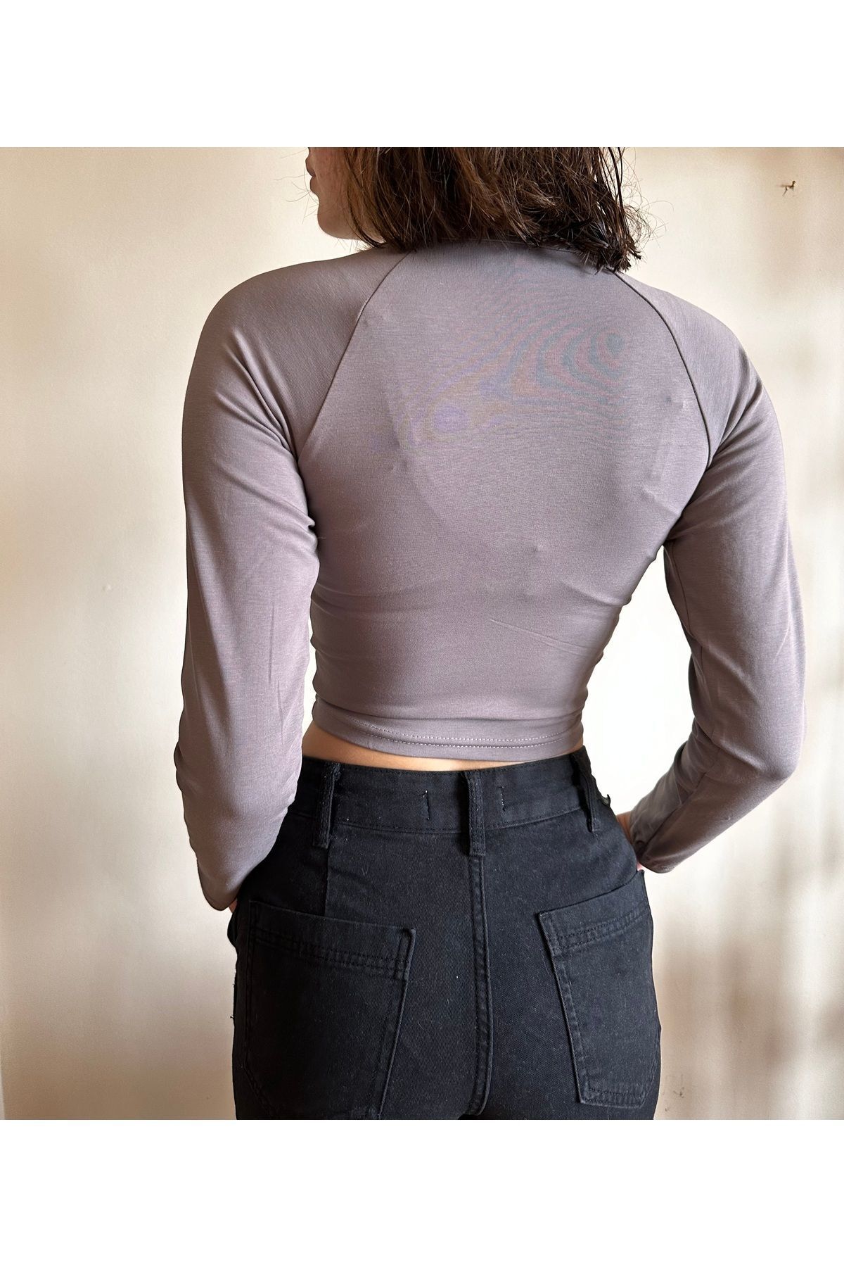 Derin yaka penye Crop Soft touch crop bele oturan crop vizon - M