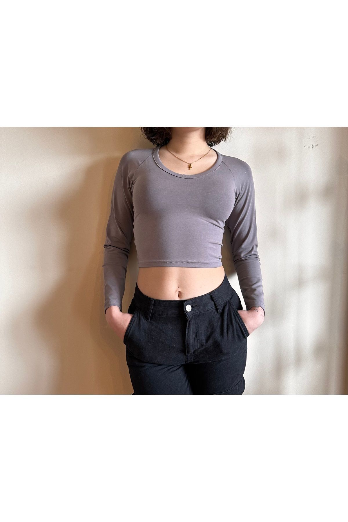 Derin yaka penye Crop Soft touch crop bele oturan crop vizon - M