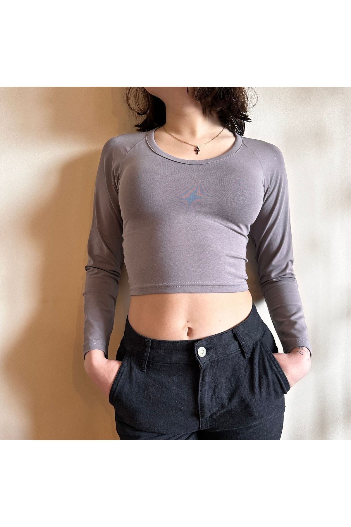 Derin yaka penye Crop Soft touch crop bele oturan crop vizon - XS