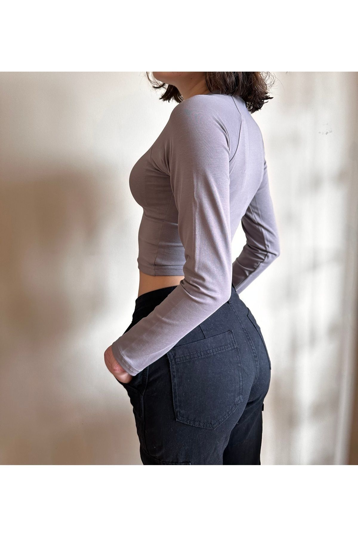 Derin yaka penye Crop Soft touch crop bele oturan crop vizon - XS