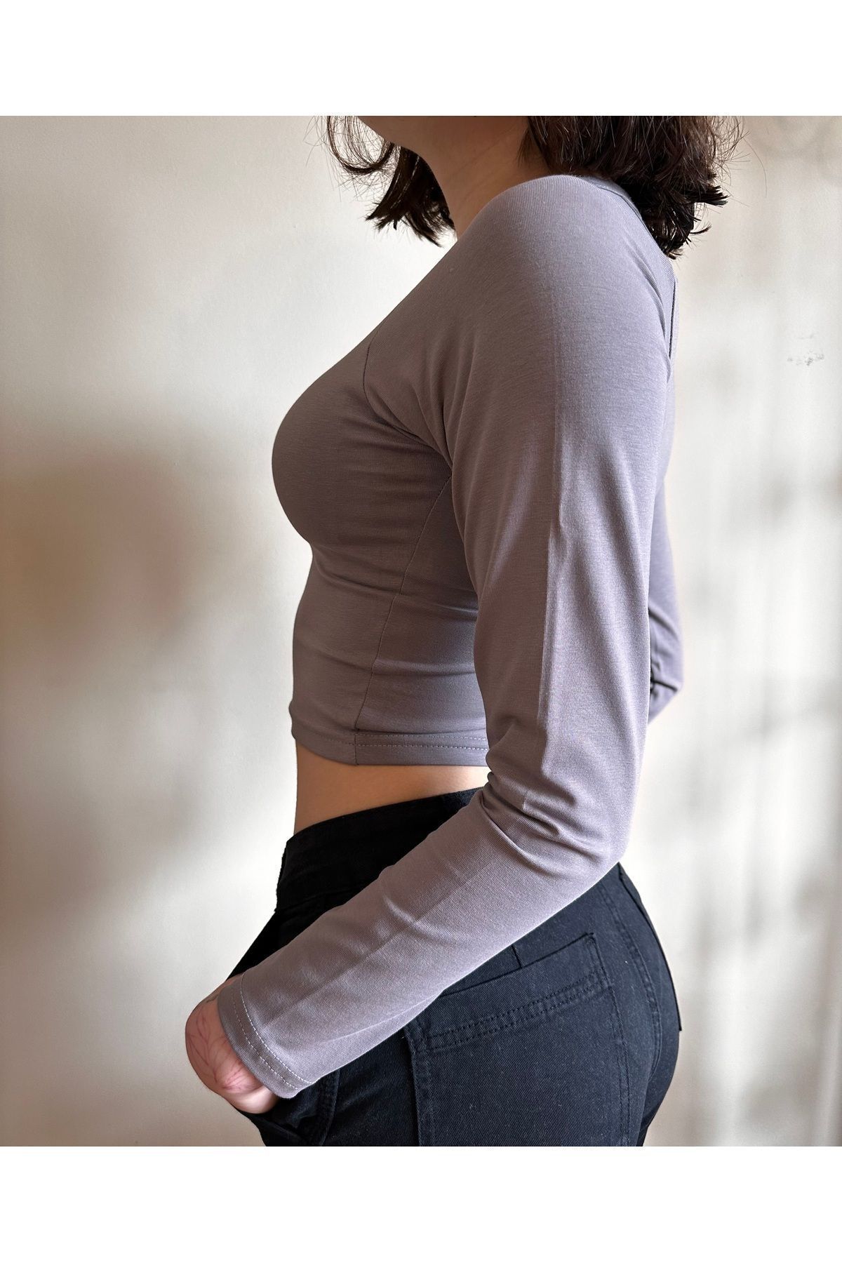 Derin yaka penye Crop Soft touch crop bele oturan crop vizon - L
